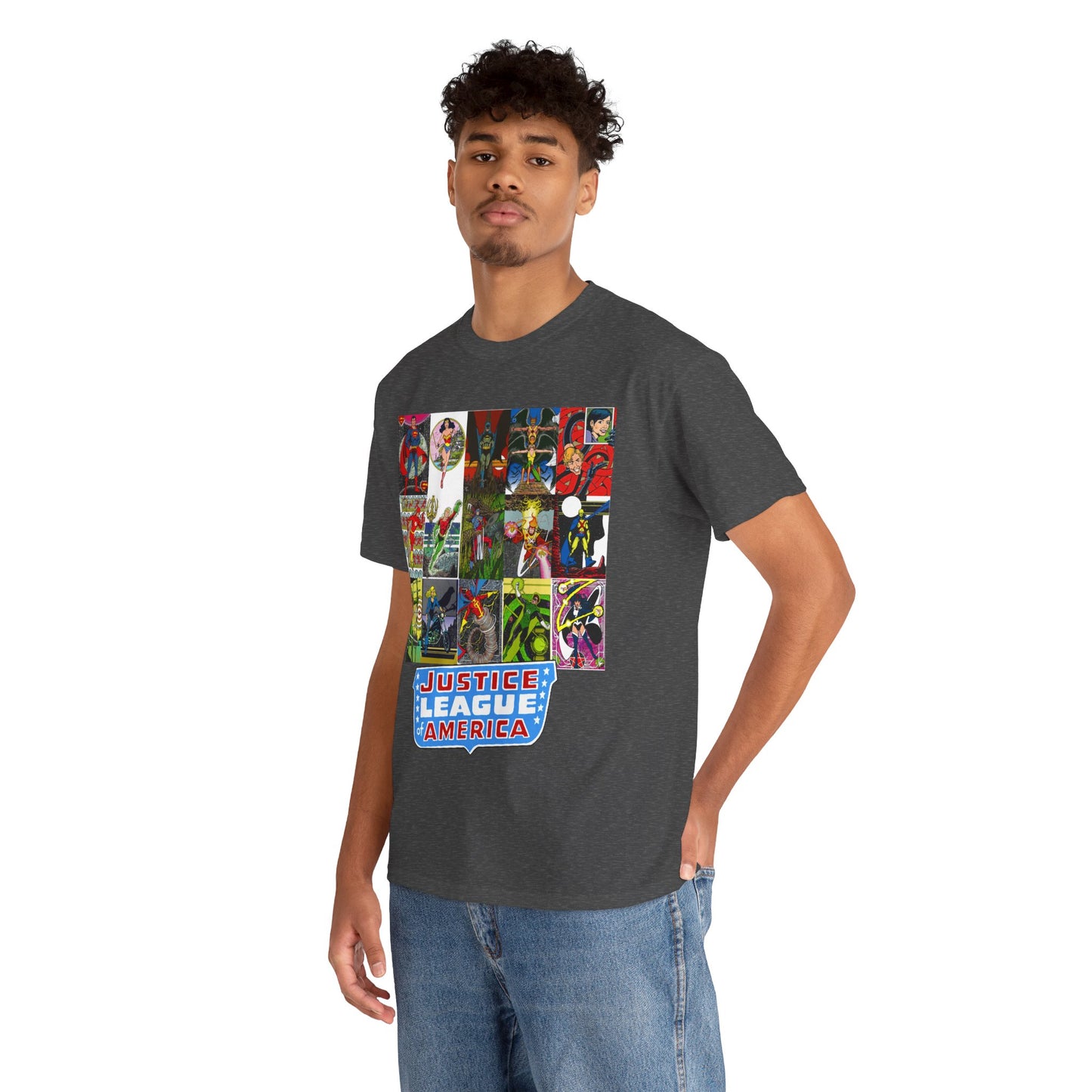 JLA Postcard T-Shirt - George Perez Art - Zatanna, Green Lantern, Flash, Batman, Hawkman, Wonder Woman, Firestorm - Justice League of America - DC Comics