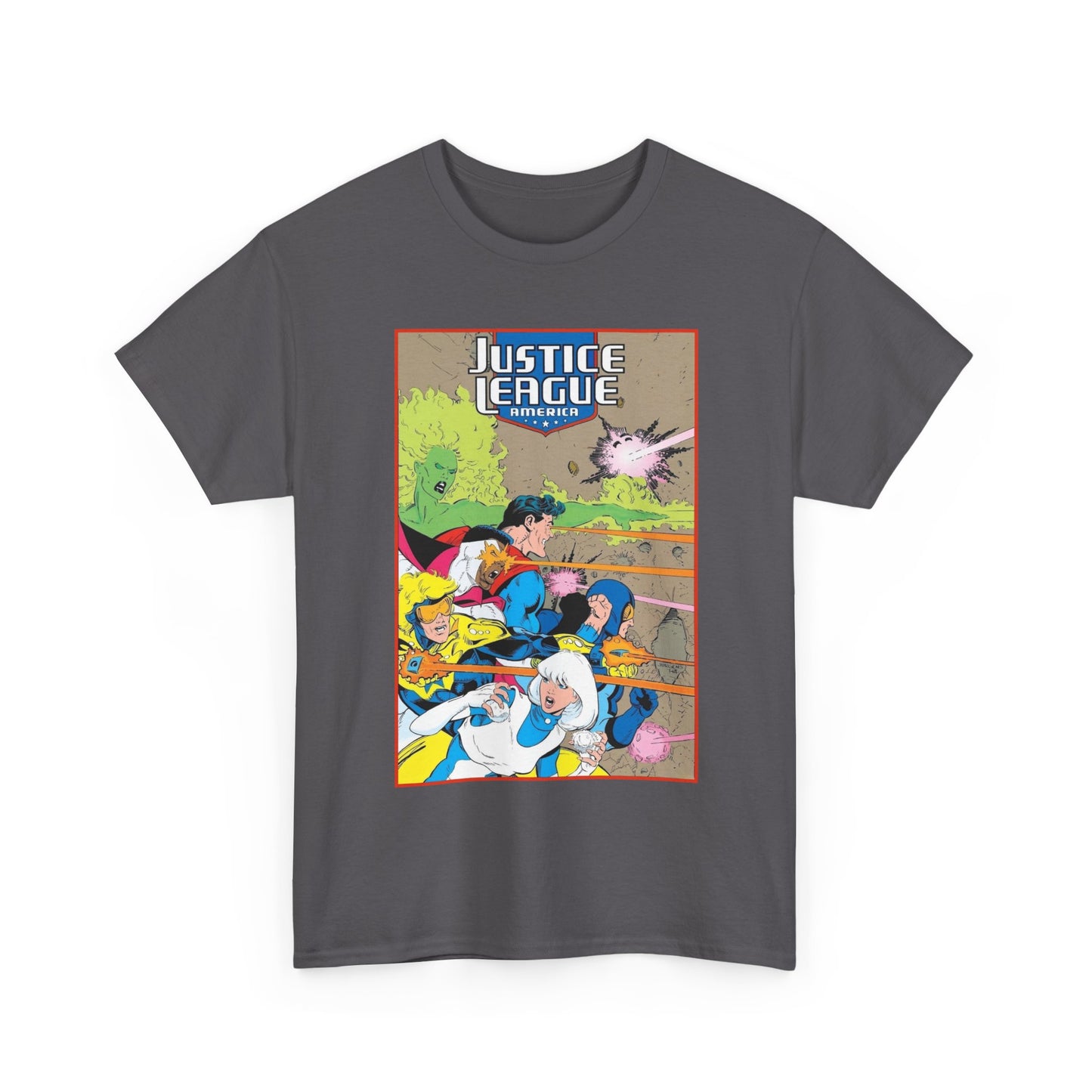 Justice League of America T-Shirt - Dan Jurgens Art - Superman, Fire, Ice, Blue Beetle, Booster Gold, Bloodwynde - DC Comics