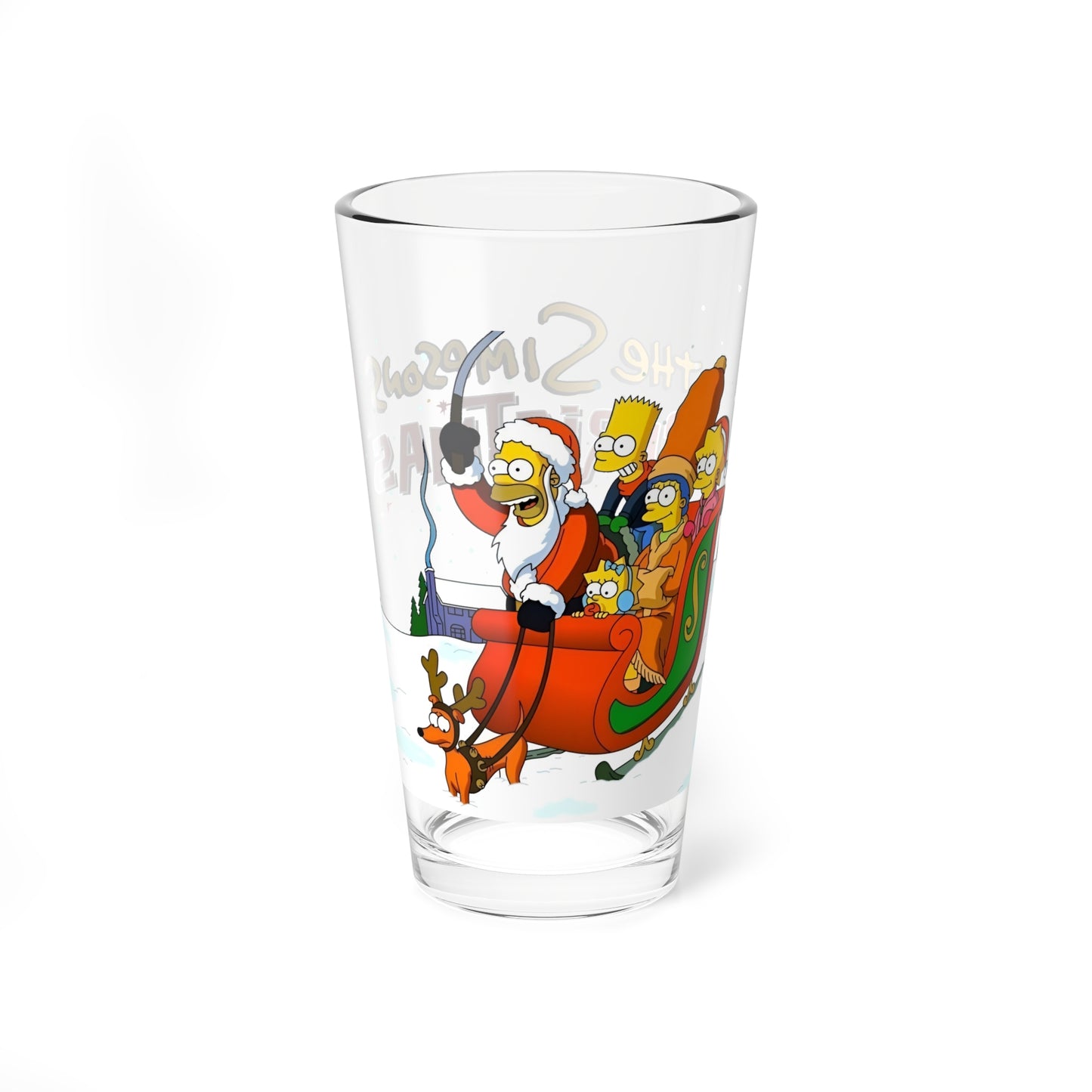 Clear pint glass with festive design featuring the Simpsons on a white background