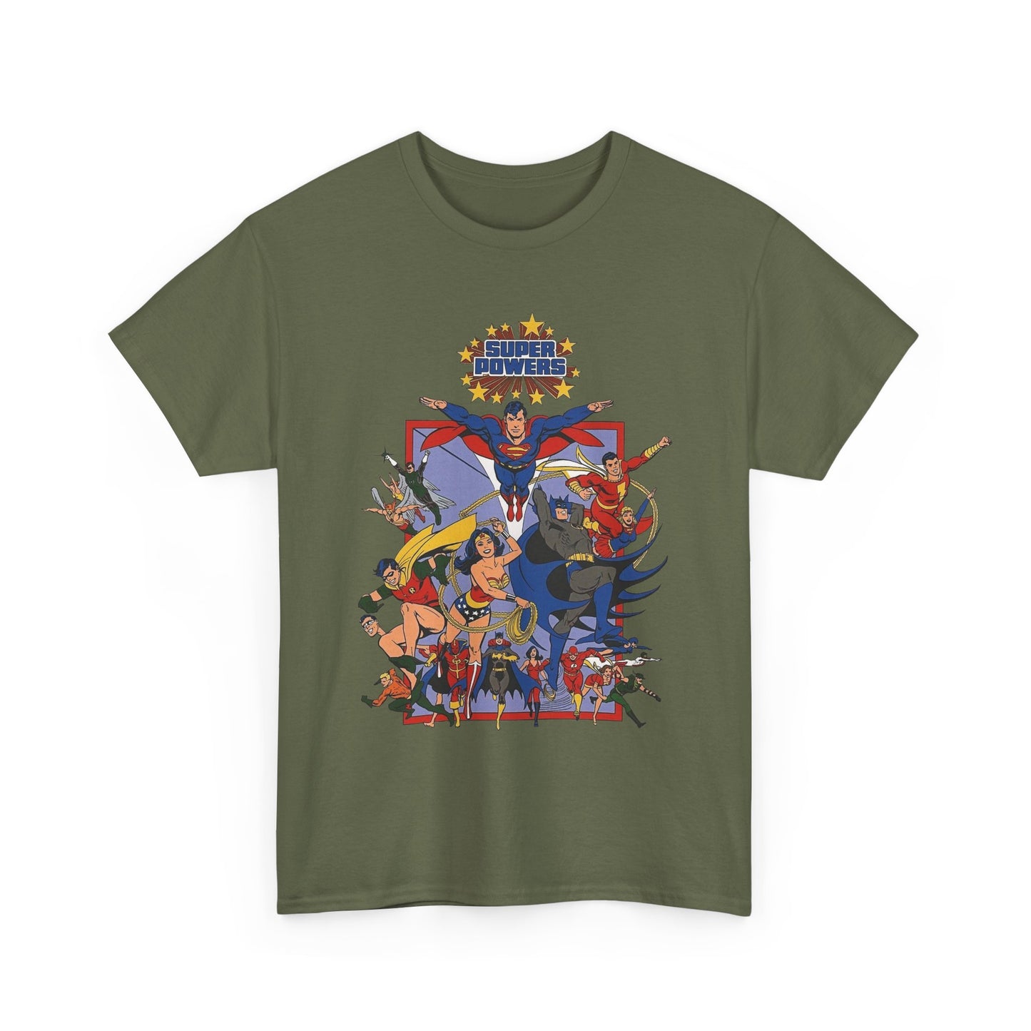 Super Powers T-Shirt - Superman, Flash, Wonder Woman, Batman, Batgirl, Robin, Plastic Man, Aquaman, Hawkman, Supergirl - 1980s Kenner Toy Line - Retro DC Comics