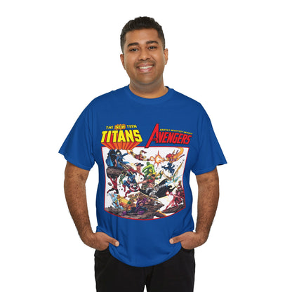 New Teen Titans Vs Avengers T-Shirt - George Perez Art - Hawkeye, Wonder Man, Raven, Starfire, Cyborg, Scarlet Witch, Wonder Girl - DC Comics & Marvel Comics