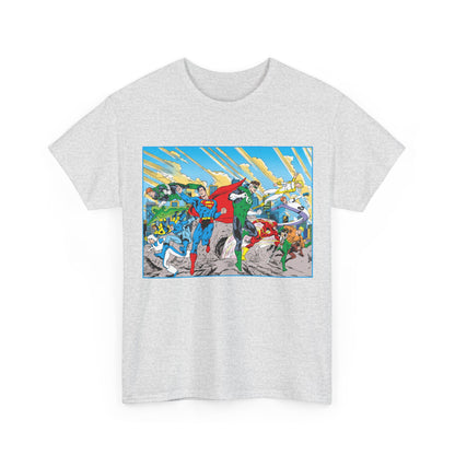Justice League America/Europe T-Shirt - Dan Jurgens Art - Superman, Blue Beetle, Booster Gold, Green Lantern, Aquaman, Power Girl, Guy Gardner, Flash - DC Comics