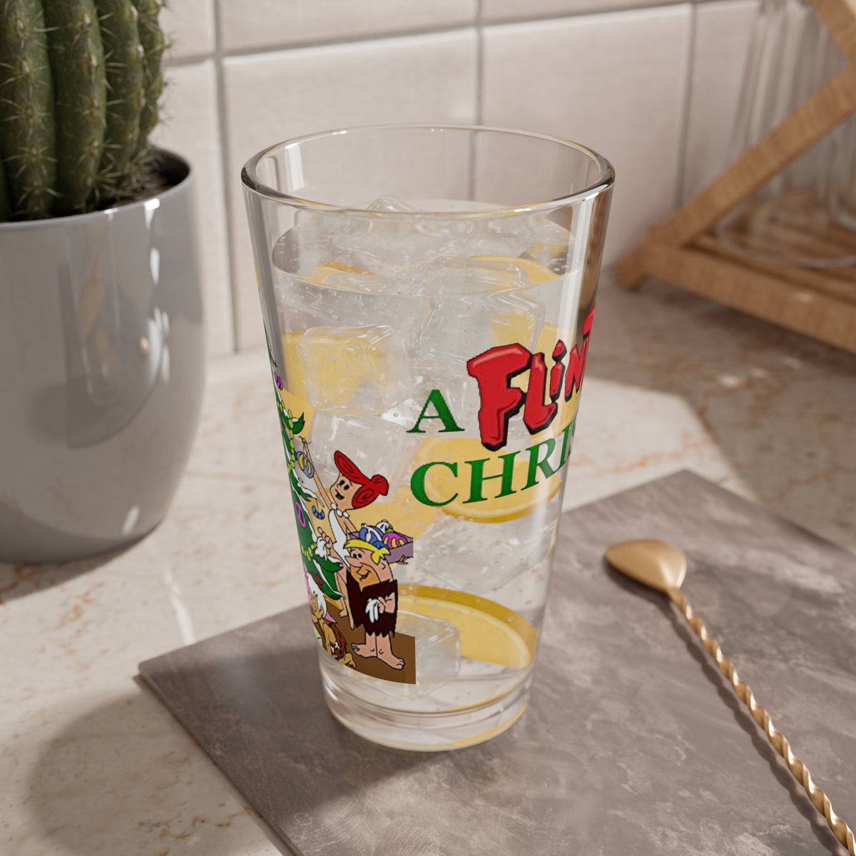 Flintstones Christmas Pint Glass, 16oz - Fred, Wilma, Barney, Betty Festive Holiday Barware