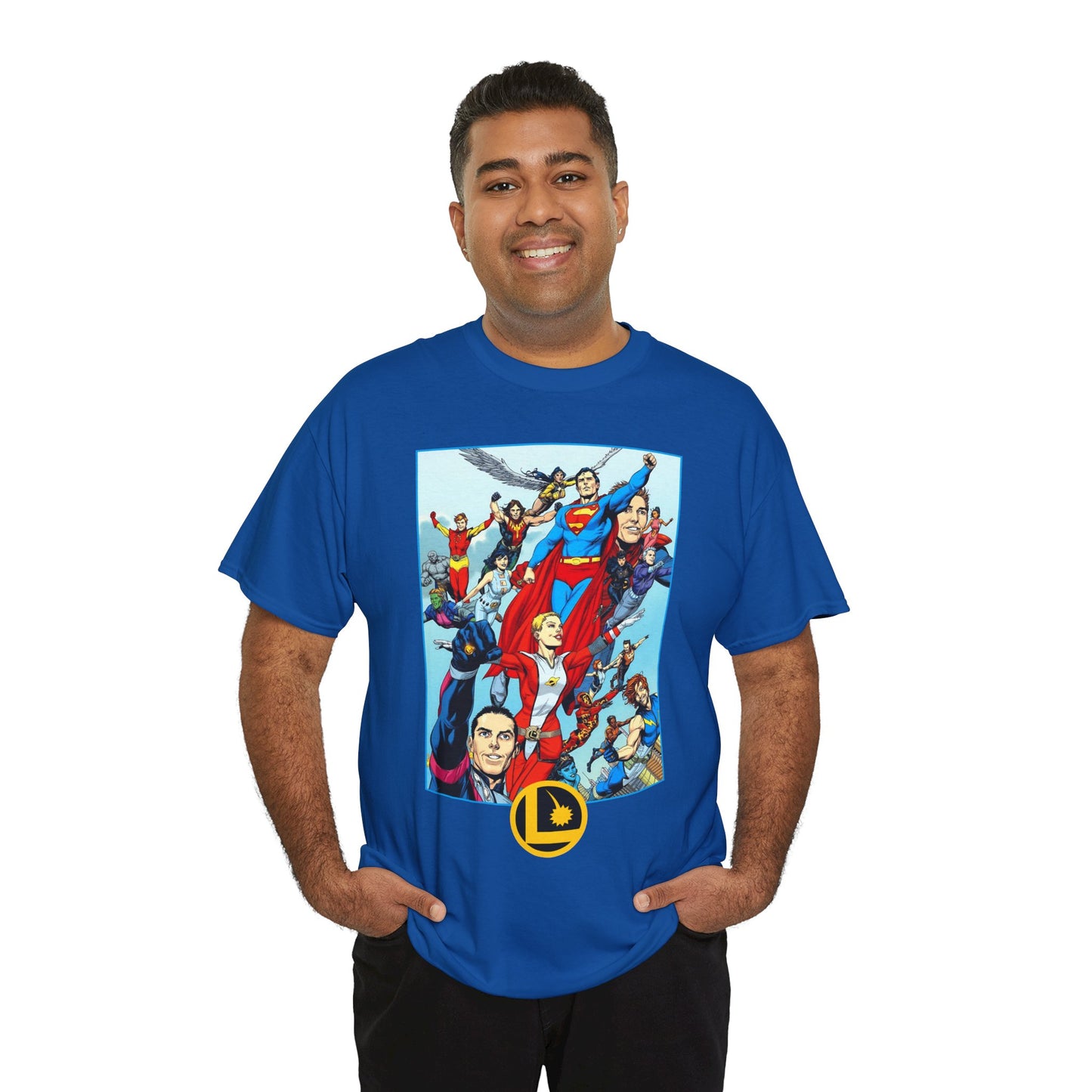 Legion of Super-Heroes T-Shirt - Gary Frank Art - Superman, Saturn Girl, Cosmic Boy, Dawnstar, Brainiac 5, Phantom Girl, Wildfire, Blok, Lightning Lad, Timber Wolf - LOSH - DC Comics