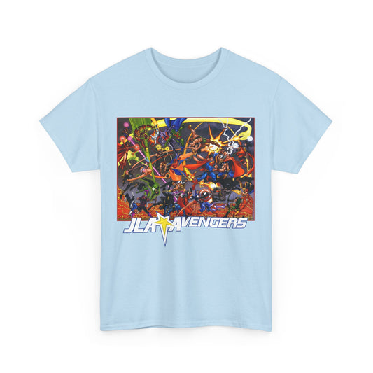 Avengers Vs JLA T-Shirt - Stunning George Perez Art - Marvel & DC Comics Crossover - Thor, Superman, Wonder Woman, Hercules, Iron Man, Batman, Black Canary, Scarlet Witch, Wonder Man, Martian Manhunter