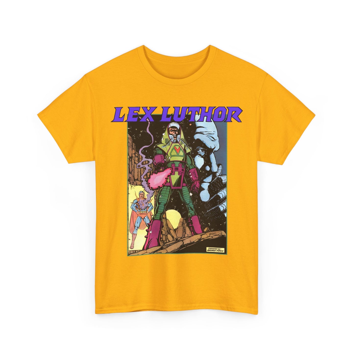 Lex Luthor T-Shirt - George Perez Art - 1980s DC Comics - Action Comics Armor - Inspiration for Super Powers Figure - Superman Enemy