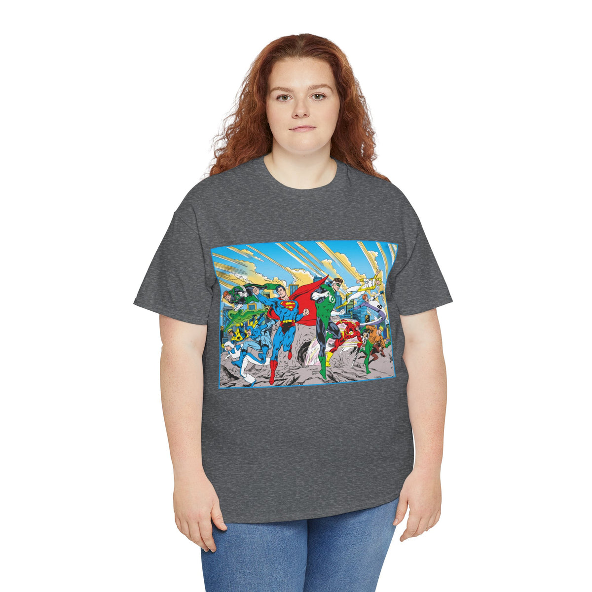 Justice League America/Europe T-Shirt - Dan Jurgens Art - Superman, Blue Beetle, Booster Gold, Green Lantern, Aquaman, Power Girl, Guy Gardner, Flash - DC Comics