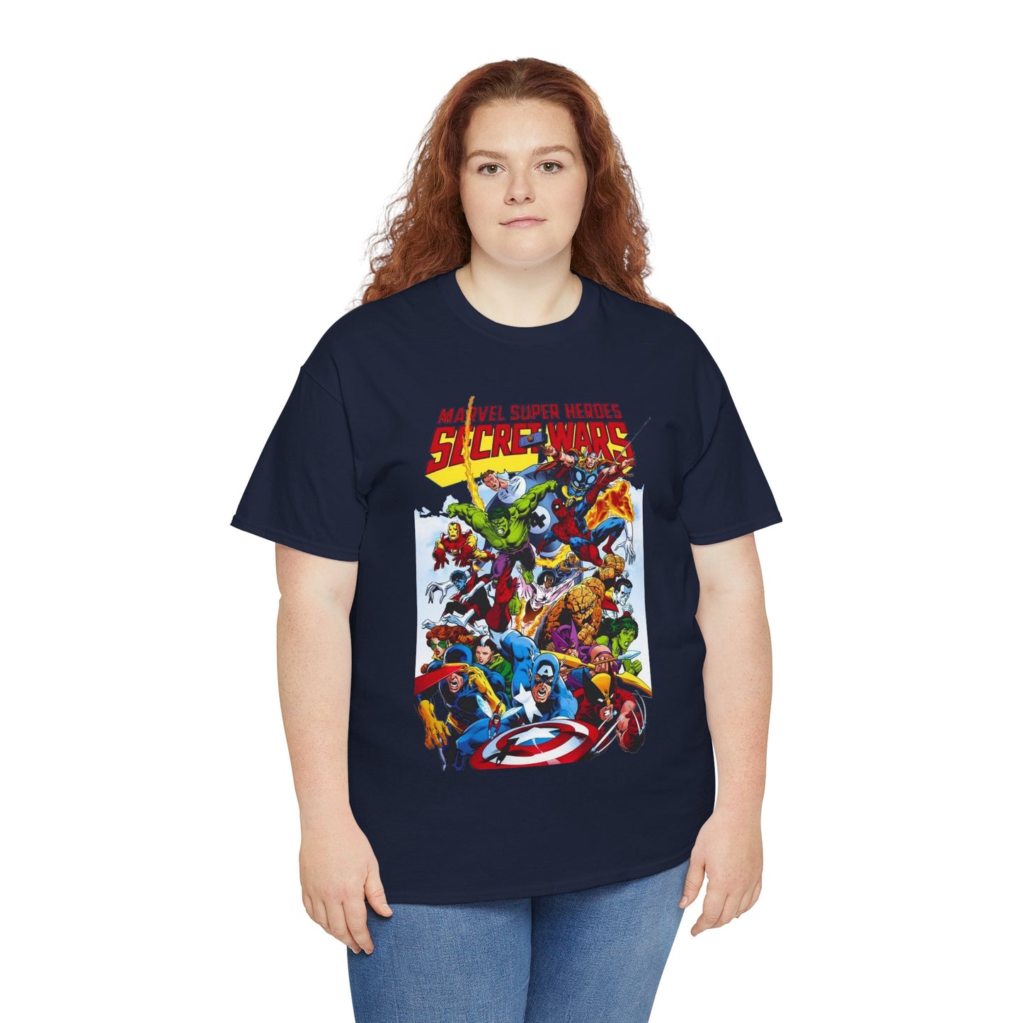 Secret Wars T-Shirt - Spider-man, Wolverine, Iron Man, Captain America, Cyclops, Rogue, Hulk, Mr Fantastic, The Thing - Classic Marvel Comics 1980s Series - The Beyonder