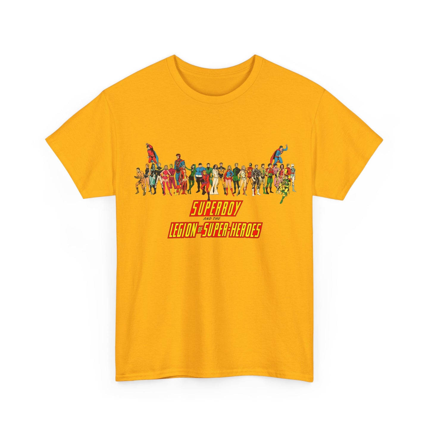Superboy & Legion of Super-Heroes T-Shirt - 1970s DC Comics Art - Saturn Girl, Lightning Lad, Brainiac 5, Supergirl, Dawnstar, Mon-El, Bouncing Boy, Wildfire - LOSH