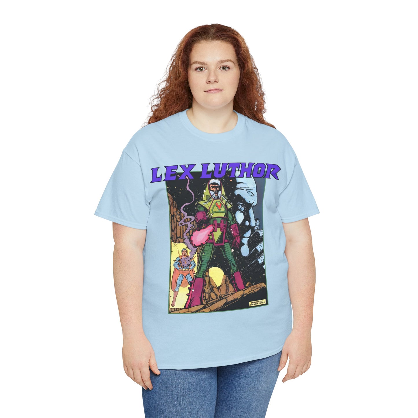 Lex Luthor T-Shirt - George Perez Art - 1980s DC Comics - Action Comics Armor - Inspiration for Super Powers Figure - Superman Enemy