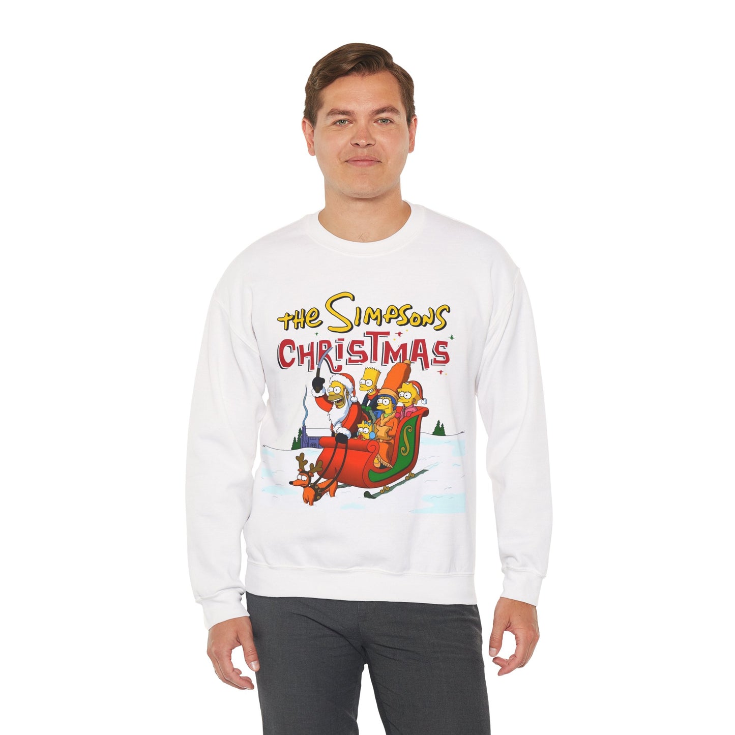 Simpsons Family Christmas Crewneck Sweatshirt - Homer, Marge, Bart, Lisa, Maggie - Riding a Christmas Sleigh Through the Winter Snow