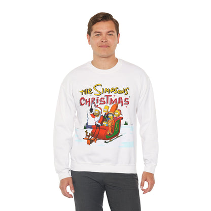Simpsons Family Christmas Crewneck Sweatshirt - Homer, Marge, Bart, Lisa, Maggie - Riding a Christmas Sleigh Through the Winter Snow