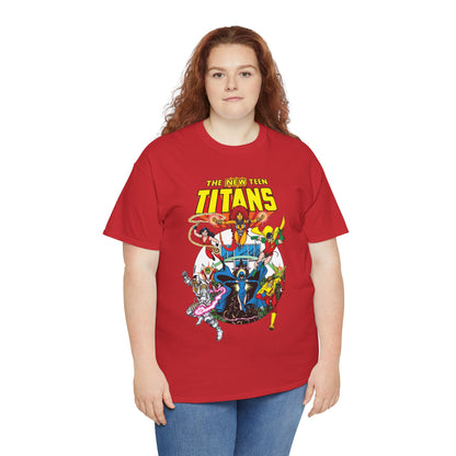 New Teen Titans T-Shirt - Classic George Perez Art - Cyborg, Raven, Starfire, Robin, Wonder Girl, Changeling, Kid Flash - Titans Tower - Popular DC Comics 1980s Series