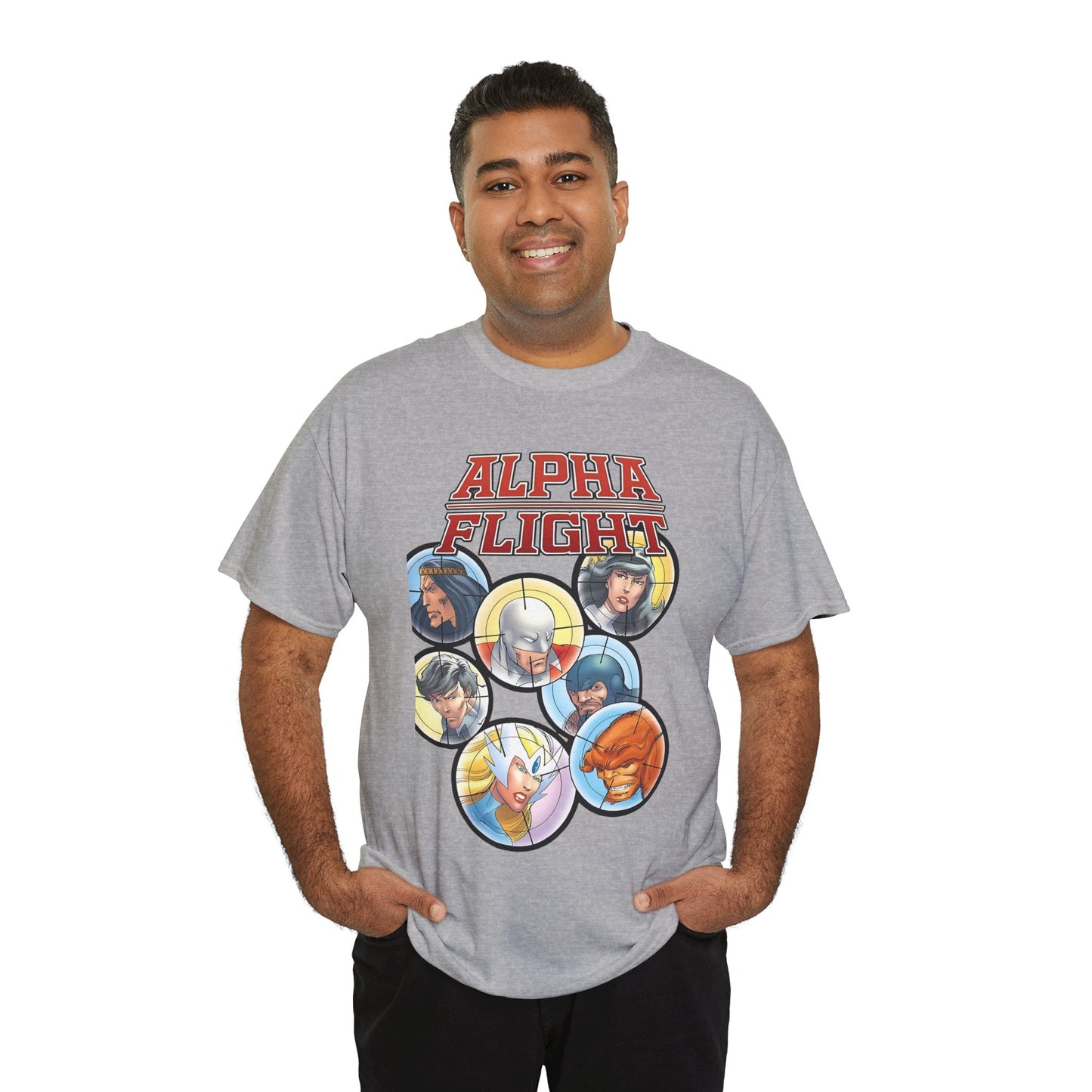 Alpha Flight T-Shirt - John Byrne Art - Guardian, Aurora, Northstar, Sasquatch, Shaman, Puck, Snowbird - Canada's Super Heroes - Marvel Comics