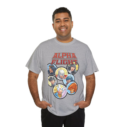 Alpha Flight T-Shirt - John Byrne Art - Guardian, Aurora, Northstar, Sasquatch, Shaman, Puck, Snowbird - Canada's Super Heroes - Marvel Comics
