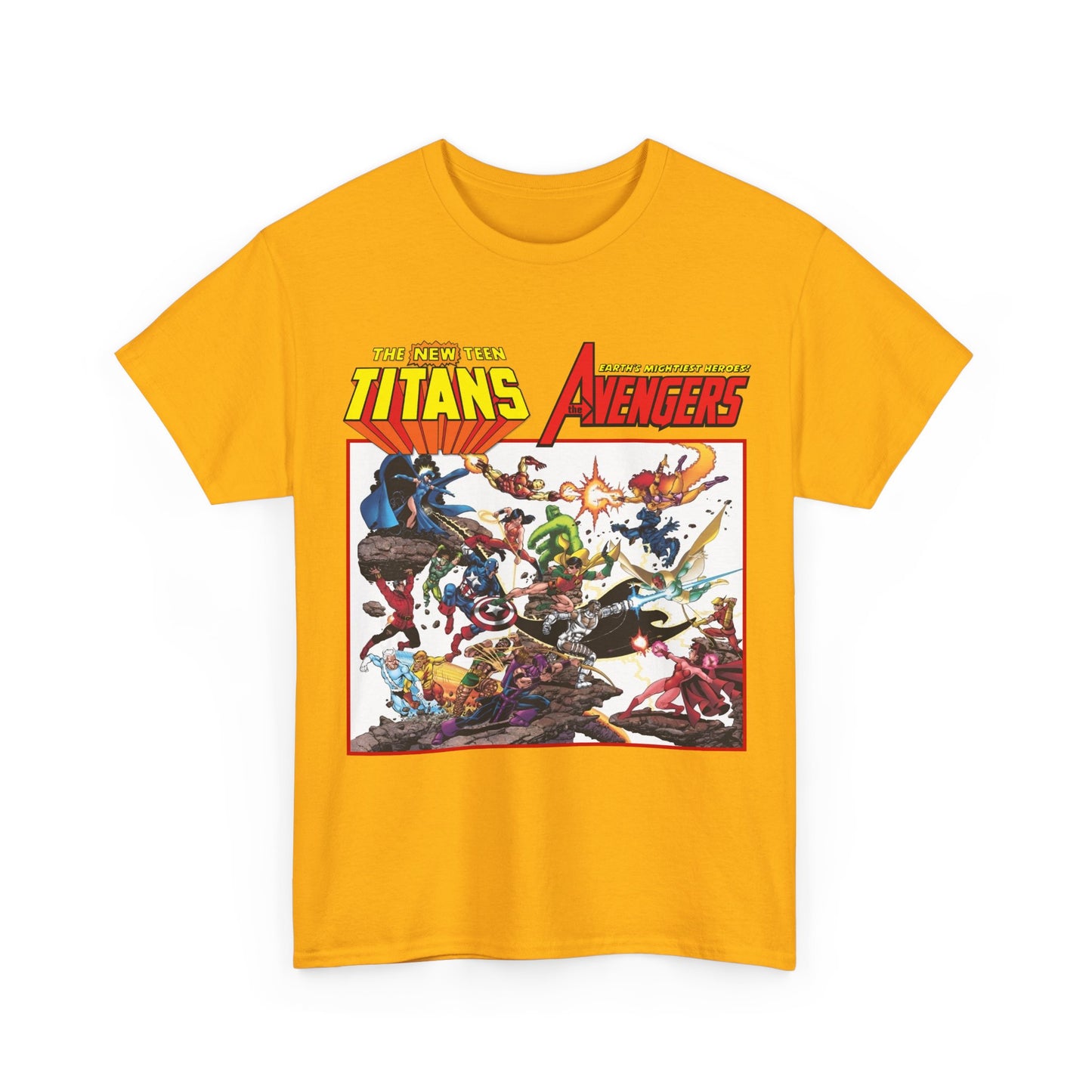New Teen Titans Vs Avengers T-Shirt - George Perez Art - Hawkeye, Wonder Man, Raven, Starfire, Cyborg, Scarlet Witch, Wonder Girl - DC Comics & Marvel Comics