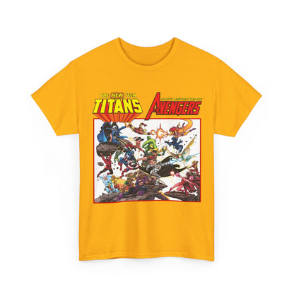New Teen Titans Vs Avengers T-Shirt - George Perez Art - Hawkeye, Wonder Man, Raven, Starfire, Cyborg, Scarlet Witch, Wonder Girl - DC Comics & Marvel Comics
