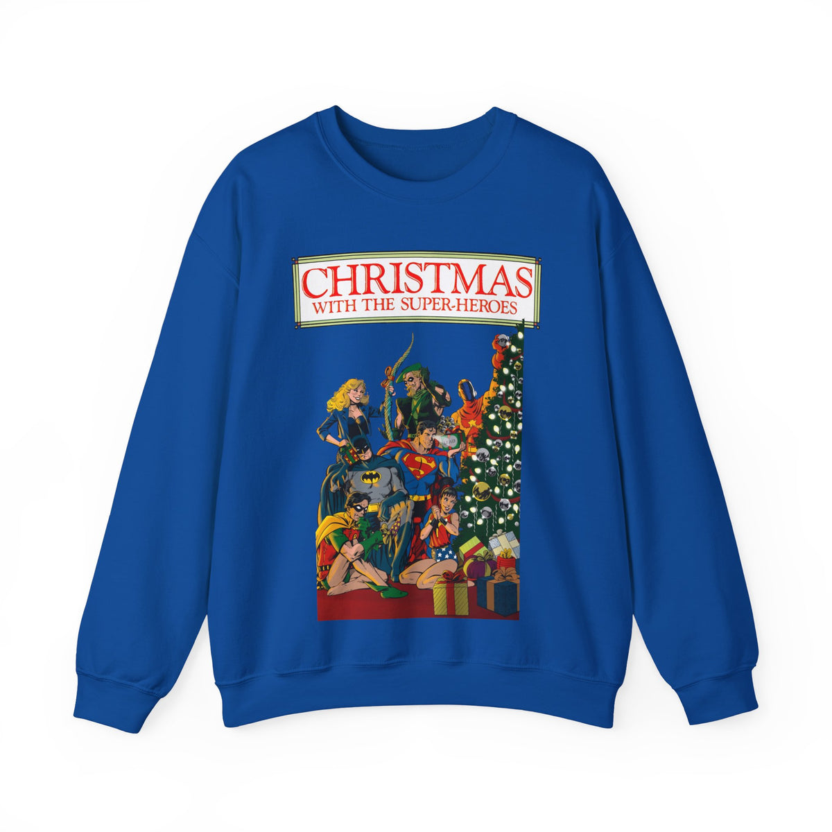 Christmas With the DC Super-Heroes Heavy Blend Crewneck Sweatshirt - Superman, Batman, Green Arrow, Black Canary - Festive Holiday Shirt