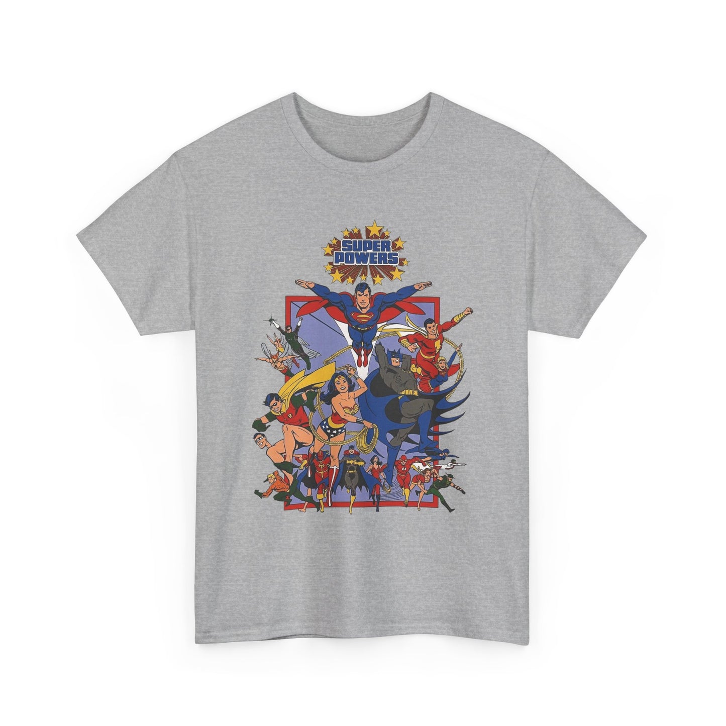 Super Powers T-Shirt - Superman, Flash, Wonder Woman, Batman, Batgirl, Robin, Plastic Man, Aquaman, Hawkman, Supergirl - 1980s Kenner Toy Line - Retro DC Comics