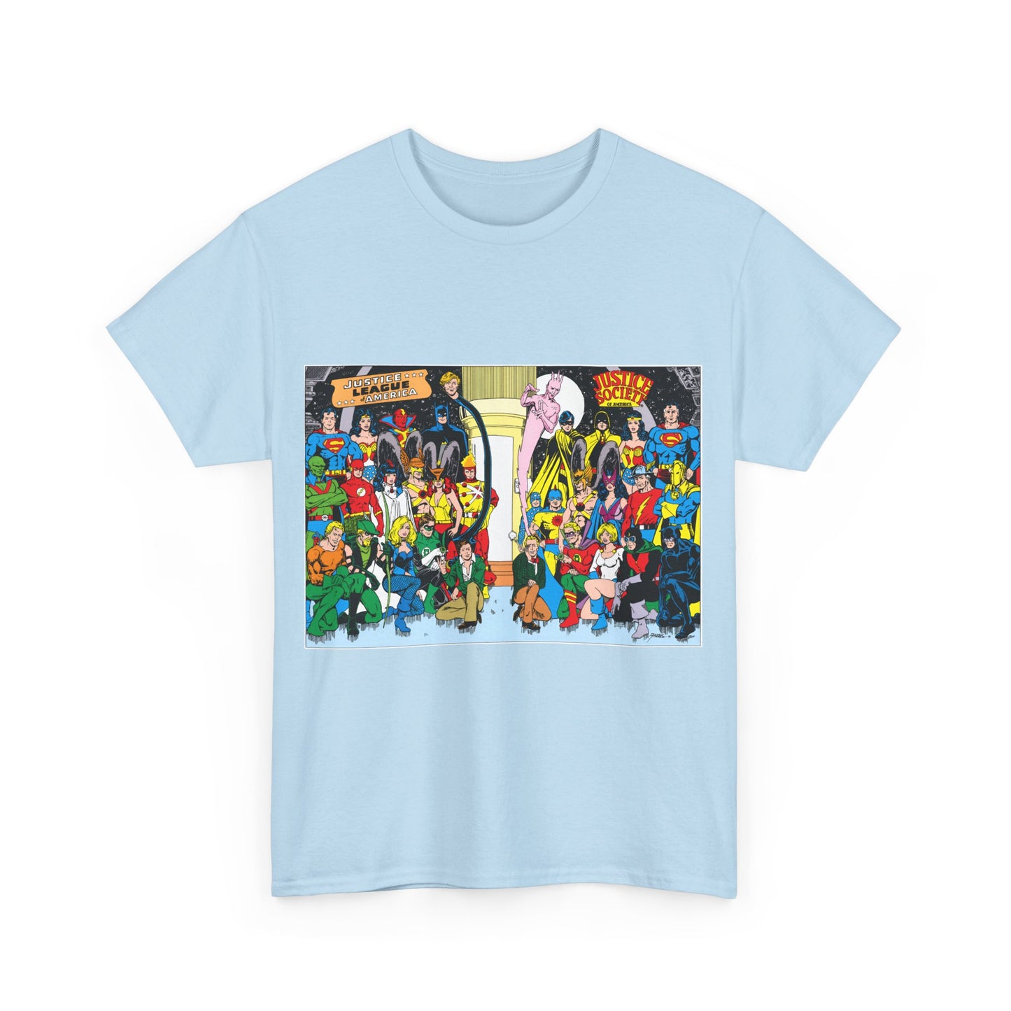 JLA & JSA T-Shirt - George Perez Art - Justice League, Society Team-up - Batman, Wildcat, Dr Fate, Hourman, Firestorm, Superman