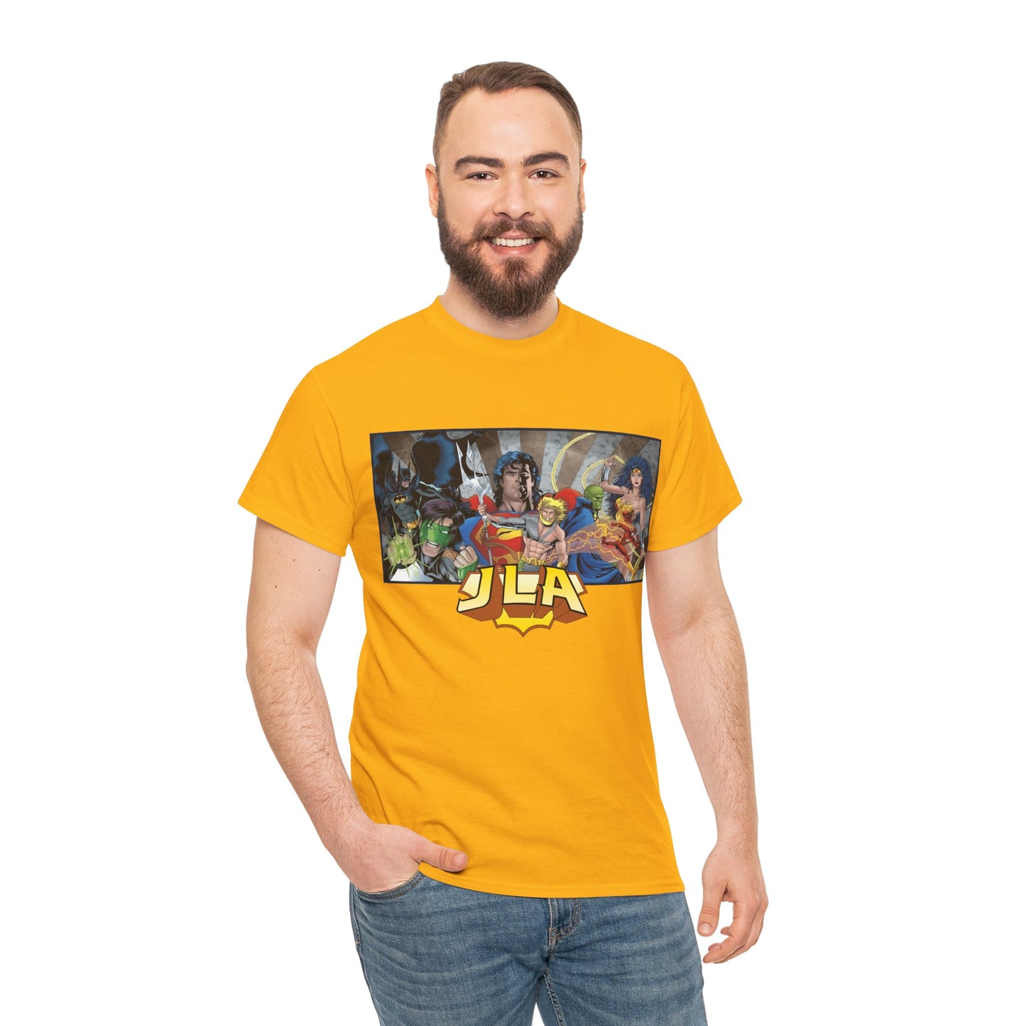 Justice League T-Shirt - Kevin Maguire Art - Superman, Wonder Woman, Batman, Flash, Aquaman, Martian Manhunter, Green Lantern - 90s Lineup - DC Comics