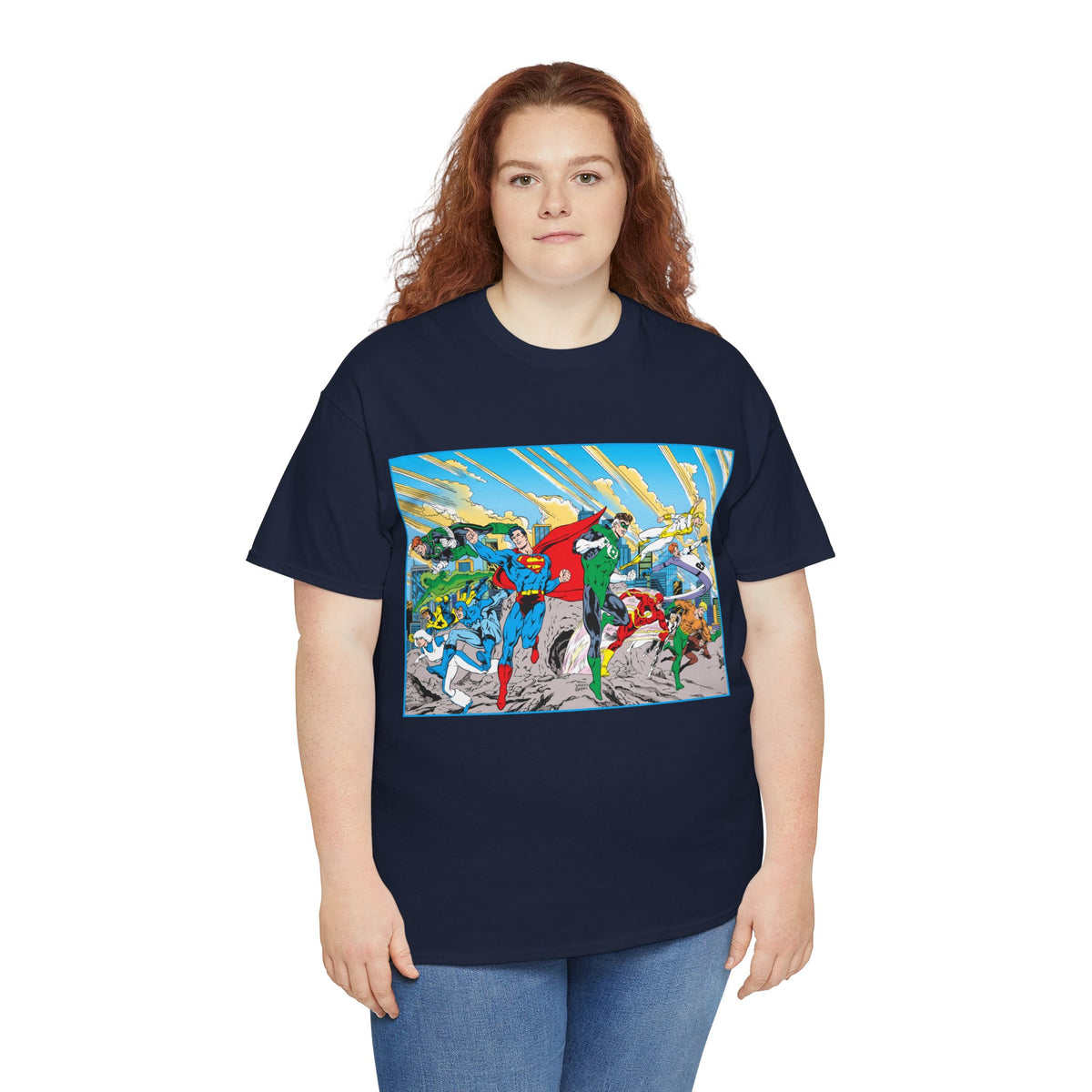 Justice League America/Europe T-Shirt - Dan Jurgens Art - Superman, Blue Beetle, Booster Gold, Green Lantern, Aquaman, Power Girl, Guy Gardner, Flash - DC Comics