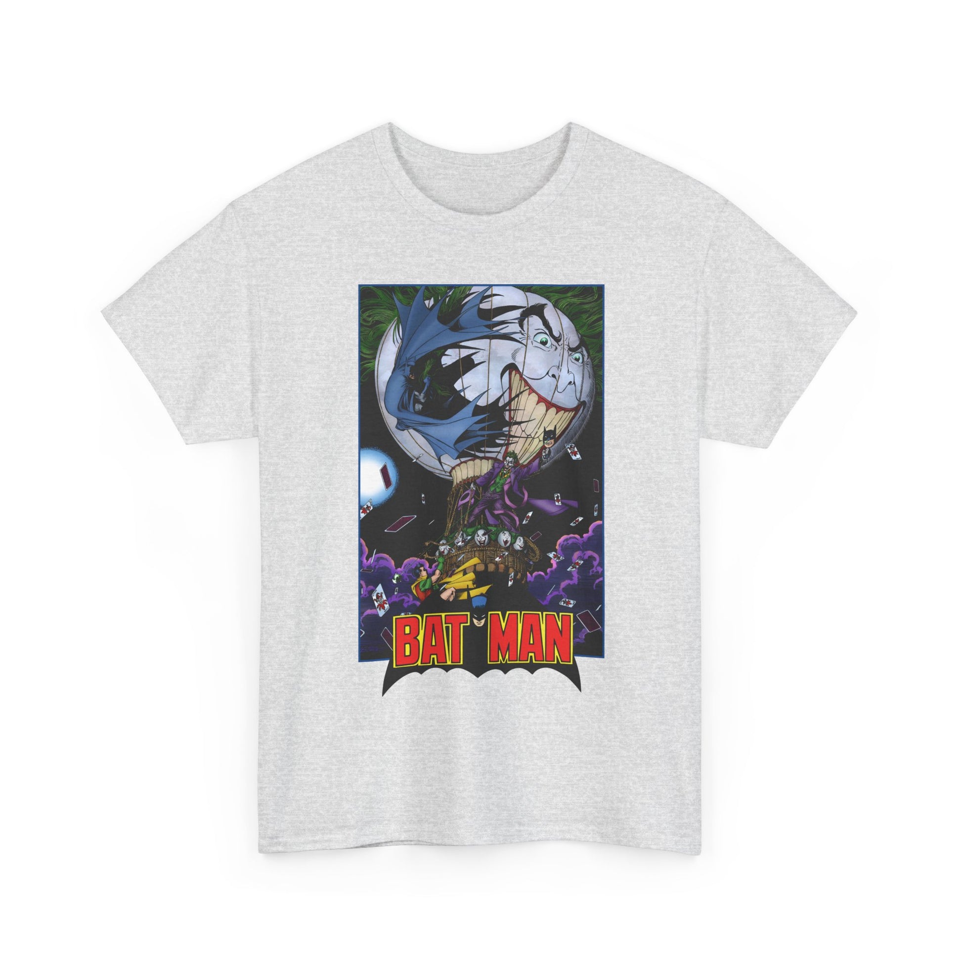 White t-shirt with a graphic design of a superhero and 'Batman' text on a white background