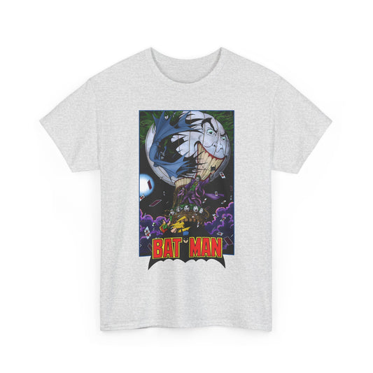 White t-shirt with a graphic design of a superhero and 'Batman' text on a white background