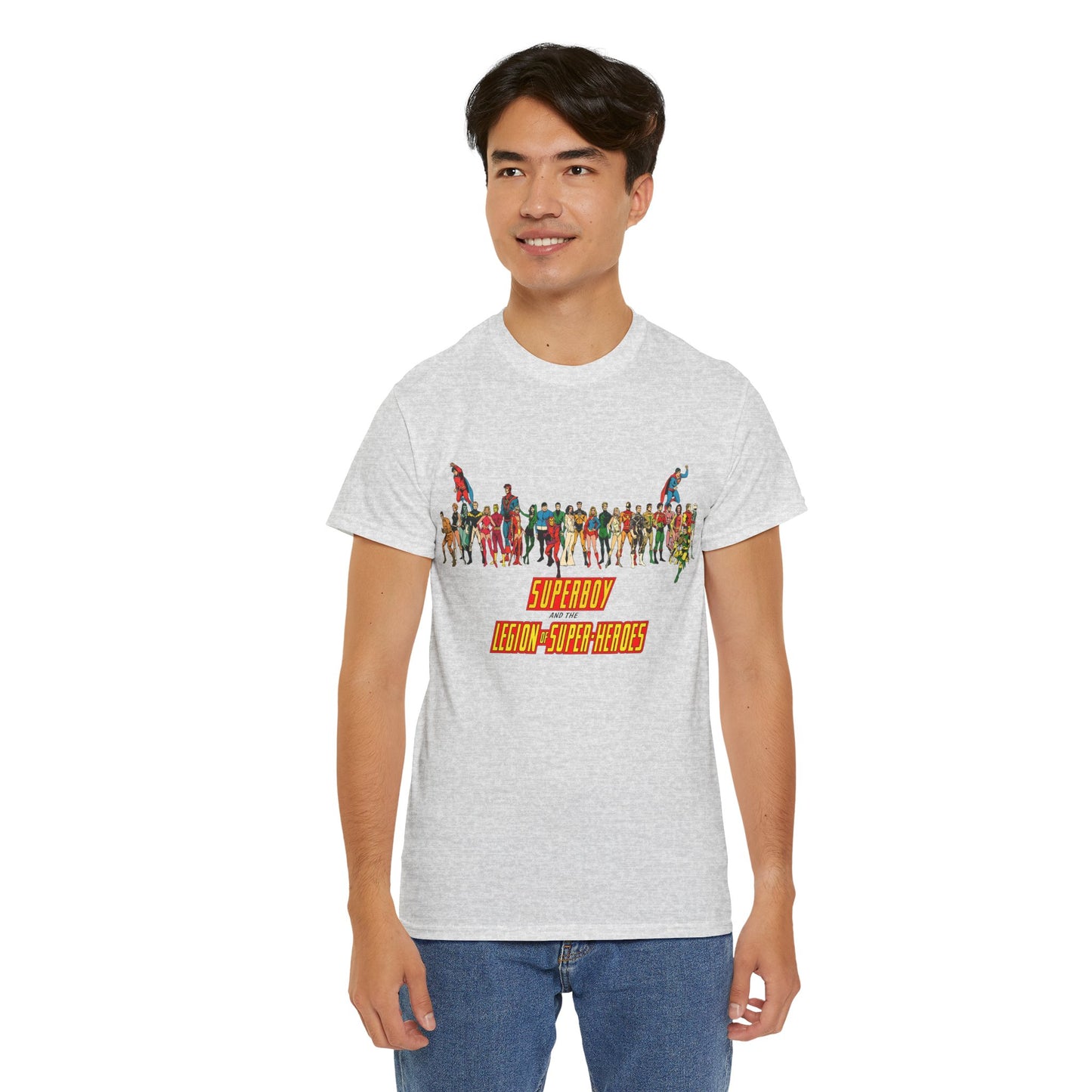Superboy & Legion of Super-Heroes T-Shirt - 1970s DC Comics Art - Saturn Girl, Lightning Lad, Brainiac 5, Supergirl, Dawnstar, Mon-El, Bouncing Boy, Wildfire - LOSH