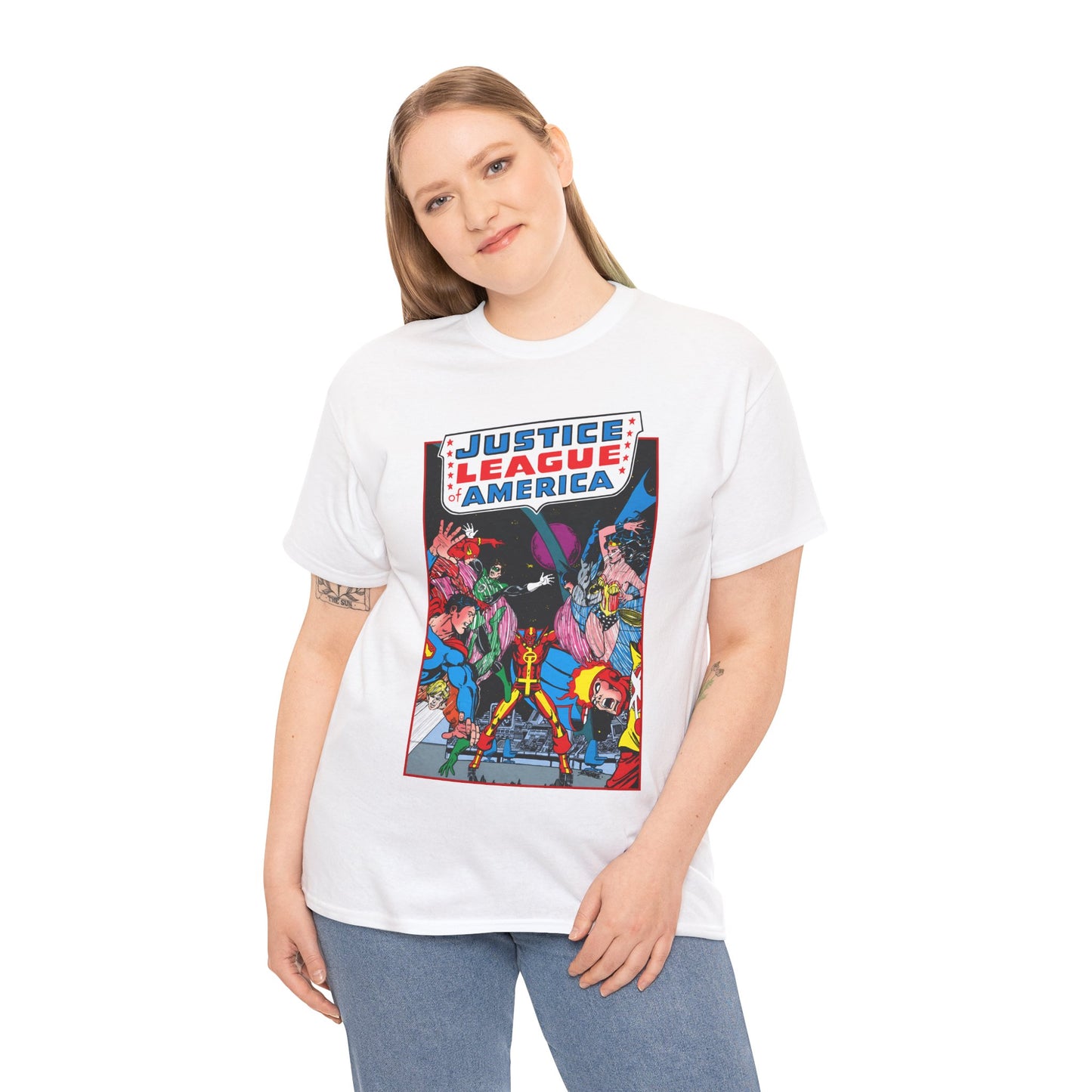 Justice League of America T-Shirt - George Perez Art - 1980s Satellite Era - Superman, Wonder Woman, Firestorm, Green Lantern, Batman - DC Comics