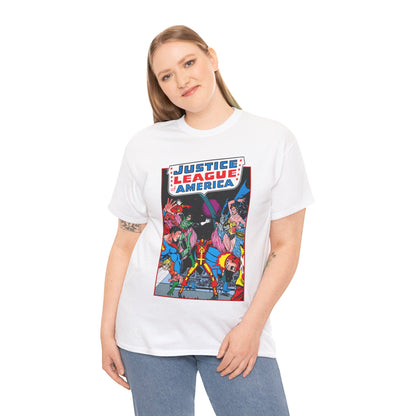Justice League of America T-Shirt - George Perez Art - 1980s Satellite Era - Superman, Wonder Woman, Firestorm, Green Lantern, Batman - DC Comics