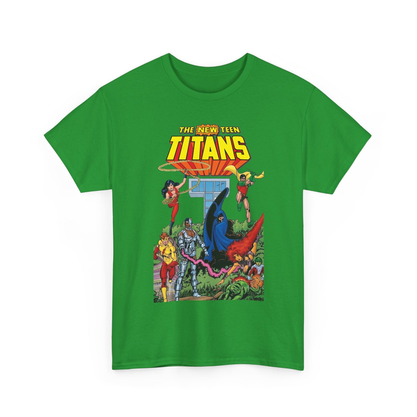 New Teen Titans T-Shirt - George Perez Art - Robin, Wonder Girl, Cyborg, Raven, Changeling, Starfire, Kid Flash - Titans Tower - DC Comics