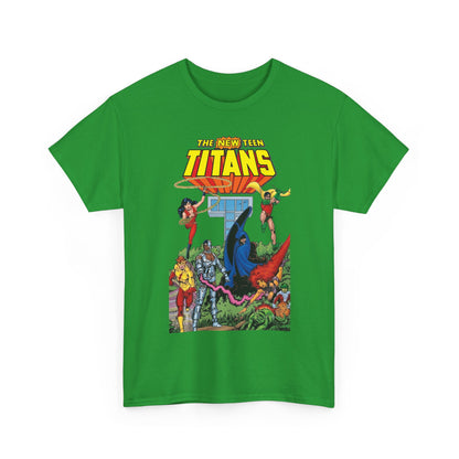 New Teen Titans T-Shirt - George Perez Art - Robin, Wonder Girl, Cyborg, Raven, Changeling, Starfire, Kid Flash - Titans Tower - DC Comics