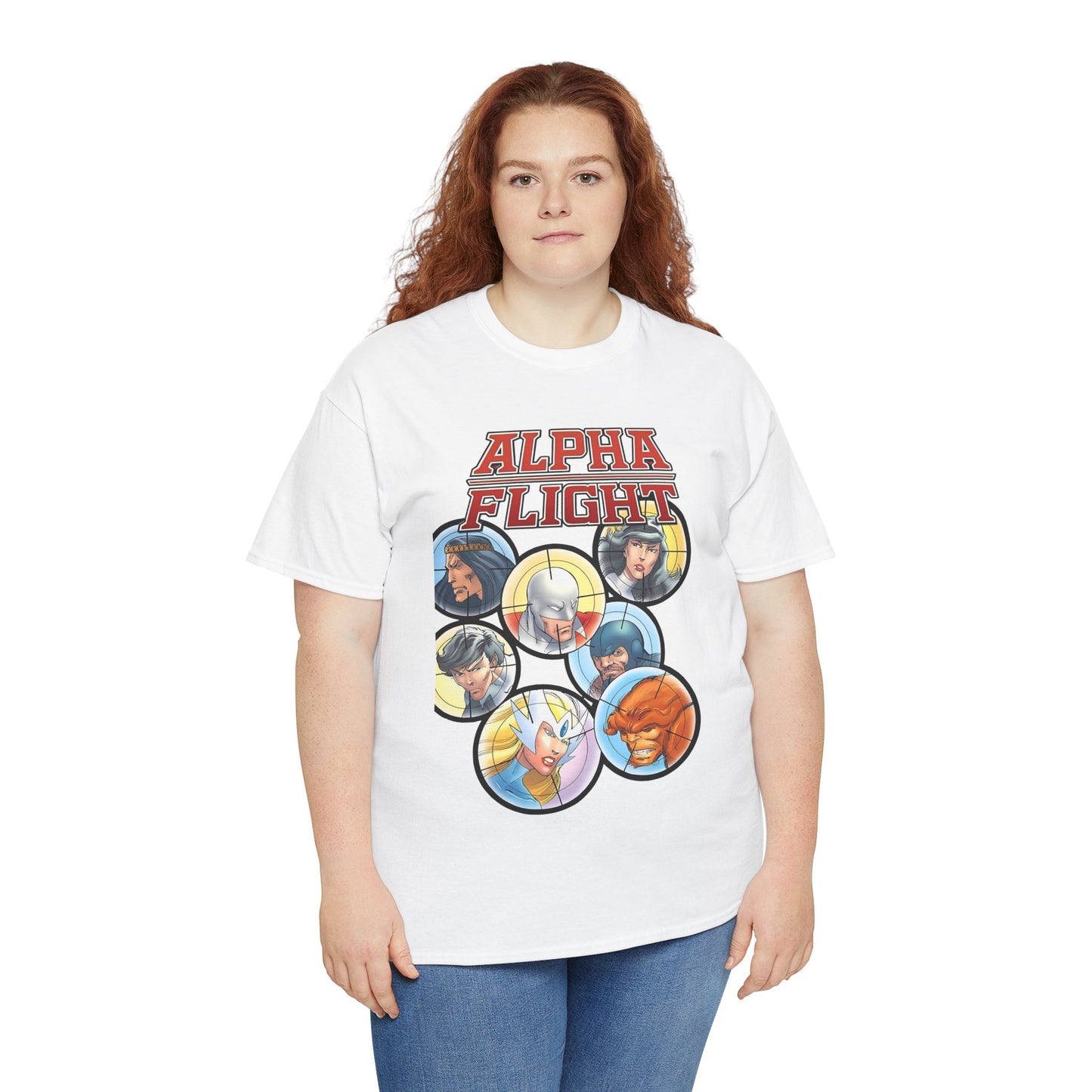 Alpha Flight T-Shirt - John Byrne Art - Guardian, Aurora, Northstar, Sasquatch, Shaman, Puck, Snowbird - Canada's Super Heroes - Marvel Comics
