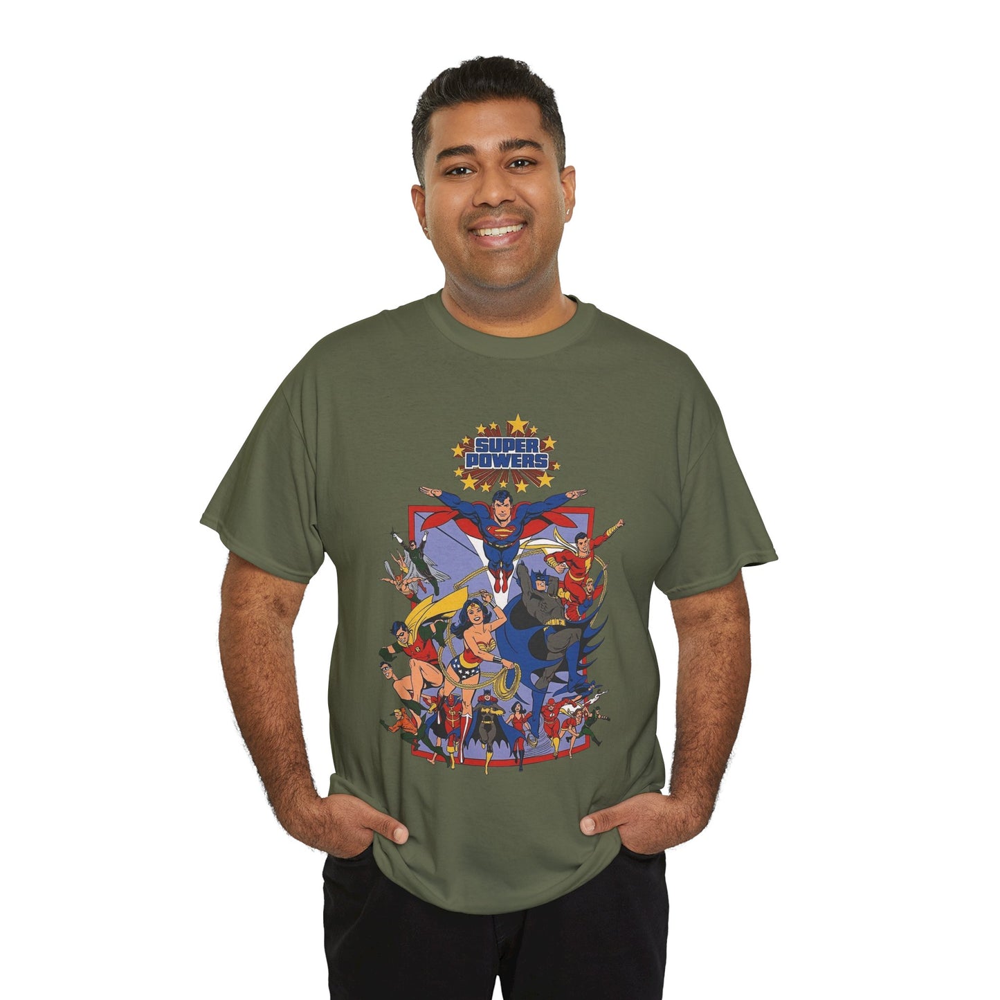 Super Powers T-Shirt - Superman, Flash, Wonder Woman, Batman, Batgirl, Robin, Plastic Man, Aquaman, Hawkman, Supergirl - 1980s Kenner Toy Line - Retro DC Comics