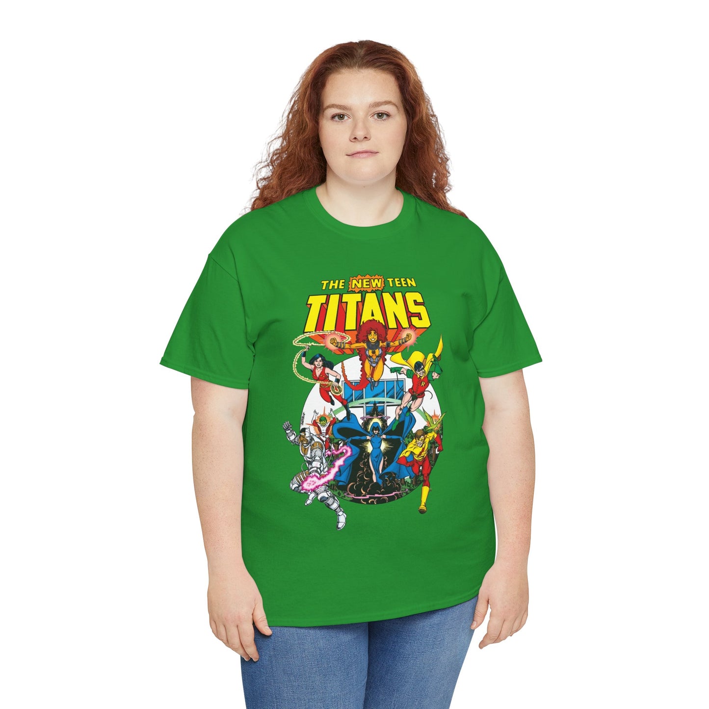 New Teen Titans T-Shirt - Classic George Perez Art - Cyborg, Raven, Starfire, Robin, Wonder Girl, Changeling, Kid Flash - Titans Tower - Popular DC Comics 1980s Series