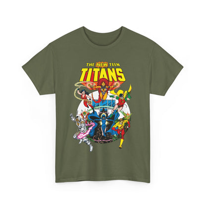 New Teen Titans T-Shirt - Classic George Perez Art - Cyborg, Raven, Starfire, Robin, Wonder Girl, Changeling, Kid Flash - Titans Tower - Popular DC Comics 1980s Series