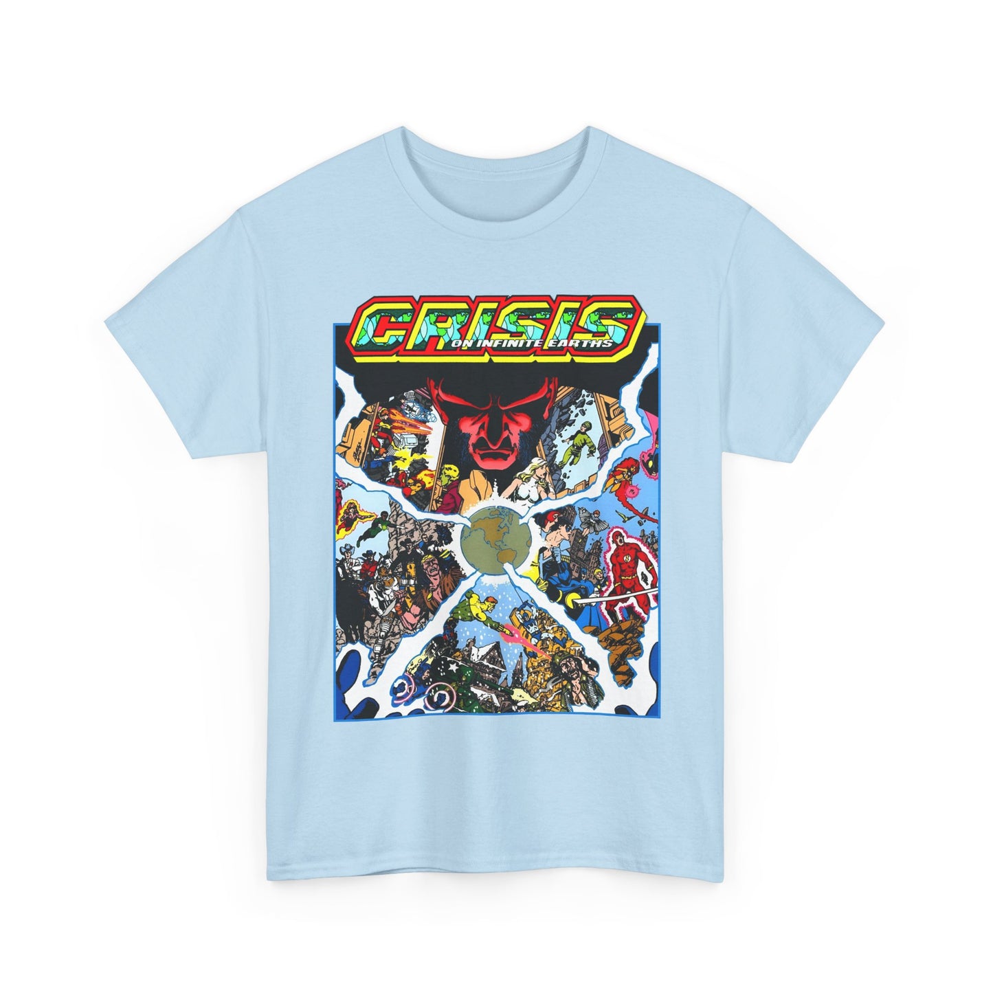 Crisis on Infinite Earths T-Shirt - George Perez Art - #3 Cover - Monitor, Flash, Starfire, Brainiac 5, Dream Girl - DC Comics