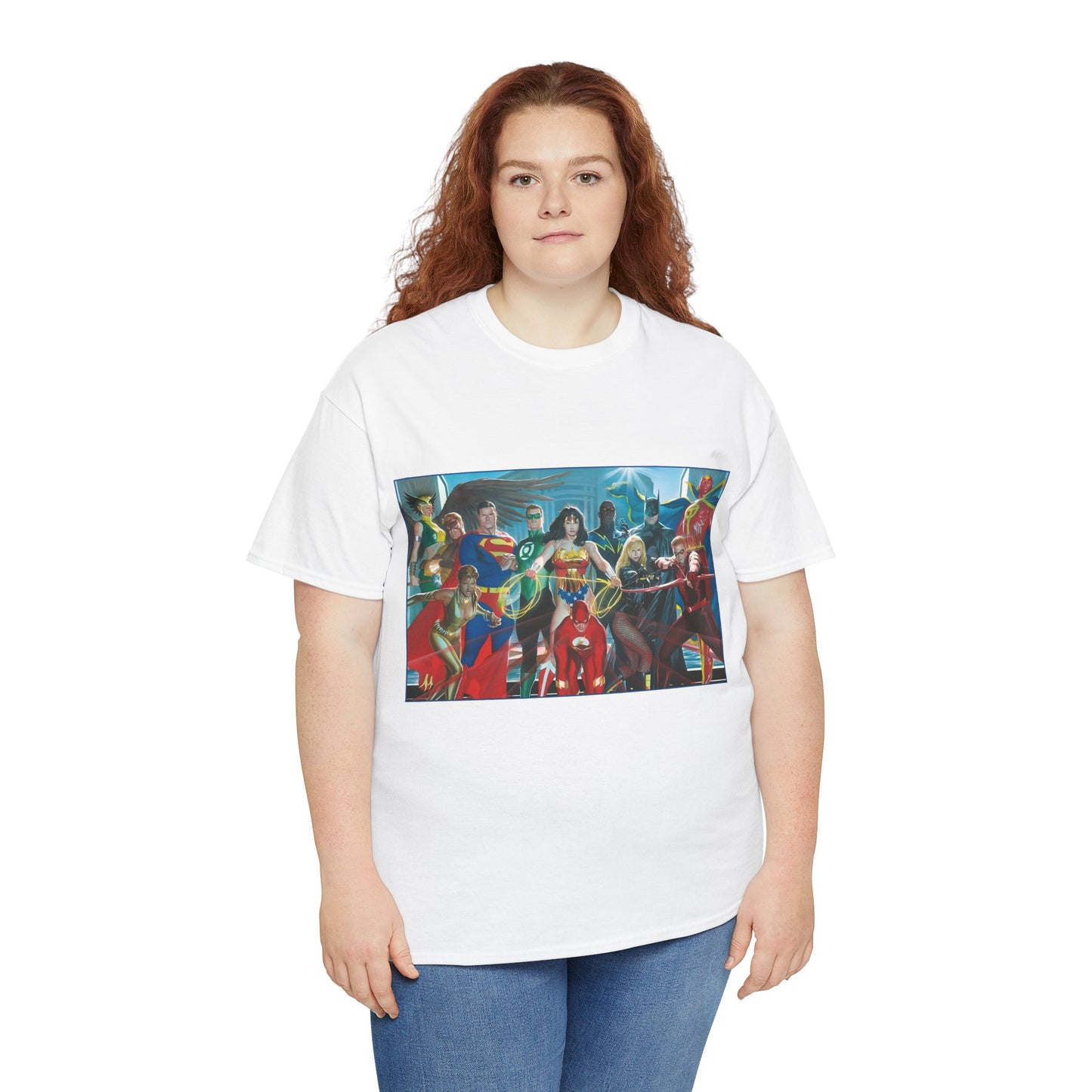 Justice League T-Shirt - Alex Ross Art - Superman, Wonder Woman, Batman, Flash, Black Canary, Vixen, Black Lightning, Green Lantern, Geo-Force, Red Tornado - DC Comics