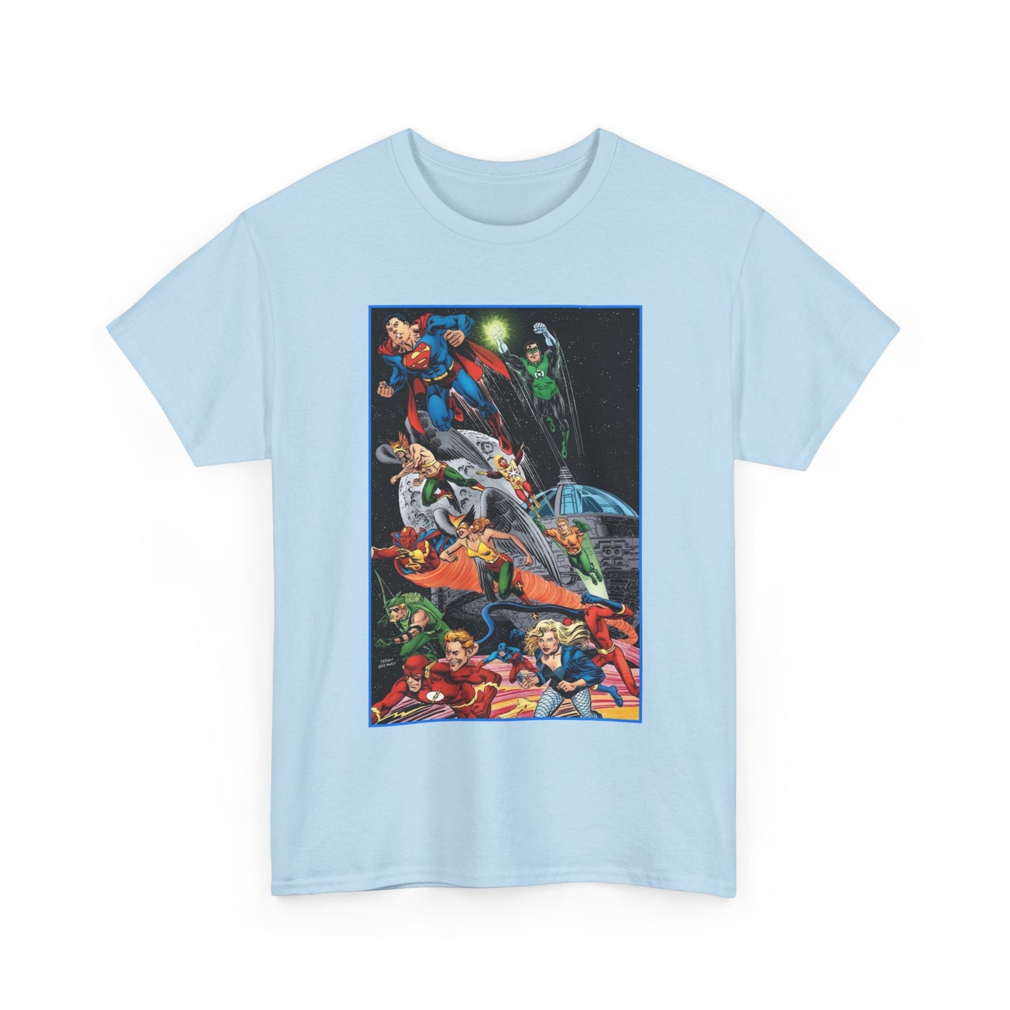 Justice League of America T-Shirt - Jerry Ordway Art - Superman, Wonder Woman, Firestorm, Flash, Black Canary, Atom - DC Comics