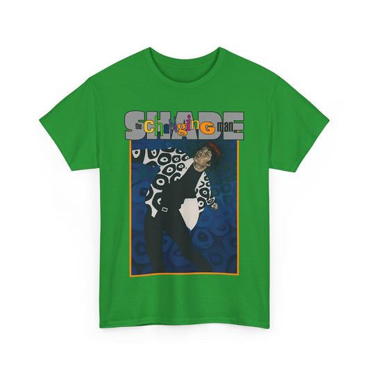 Green t-shirt with graphic design and text on a white background