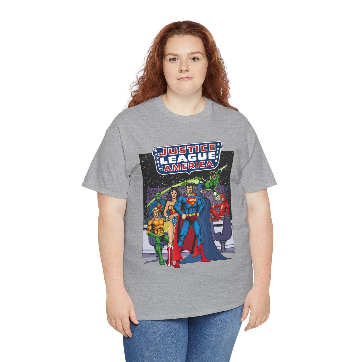 Justice League T-Shirt - George Perez Art - JLA Satellite Era - Superman, Wonder Woman, Green Lantern, Batman, Flash, Aquaman, Martian Manhunter - DC Comics
