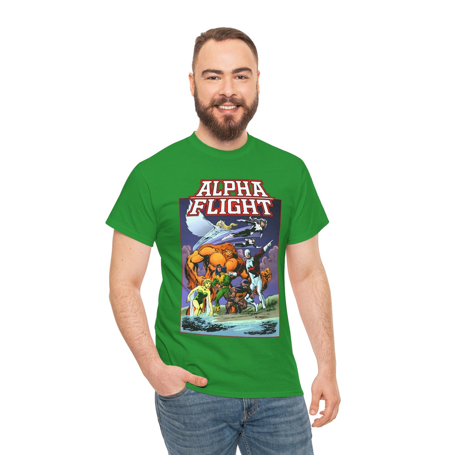 Alpha Flight T-Shirt - John Byrne Art - Guardian, Aurora, Northstar, Shaman, Snowbird, Puck - Marvel Comics - Canada's Super-Team