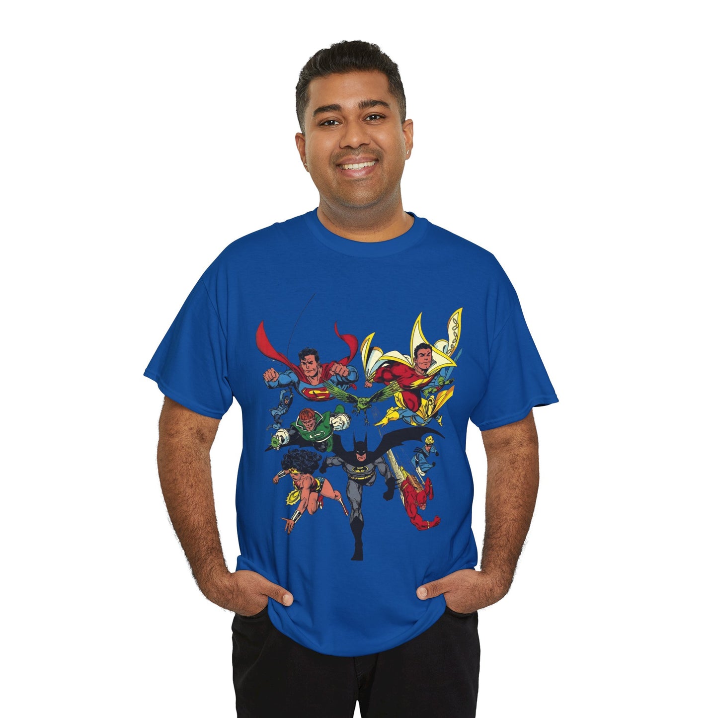 DC Legends T-Shirt - John Byrne Art - Superman, Wonder Woman, Guy Gardner, Flash, Blue Beetle, Shazam, Dr Fate, Changeling - DC Comics