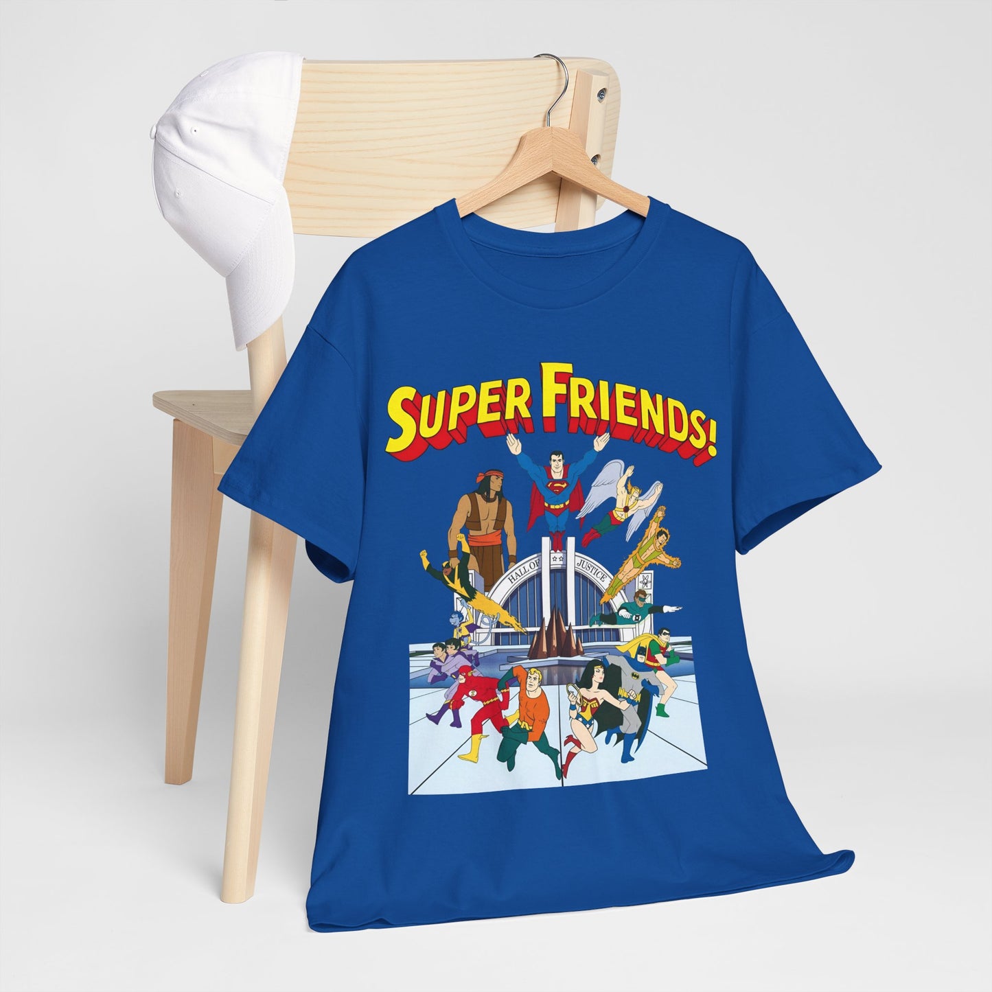 Super Friends T-Shirt - DC Hanna-Barbera - Superman, Wonder Woman, Black Vulcan, Batman, The Wonder Twins, Apache Chief, Hall of Justice