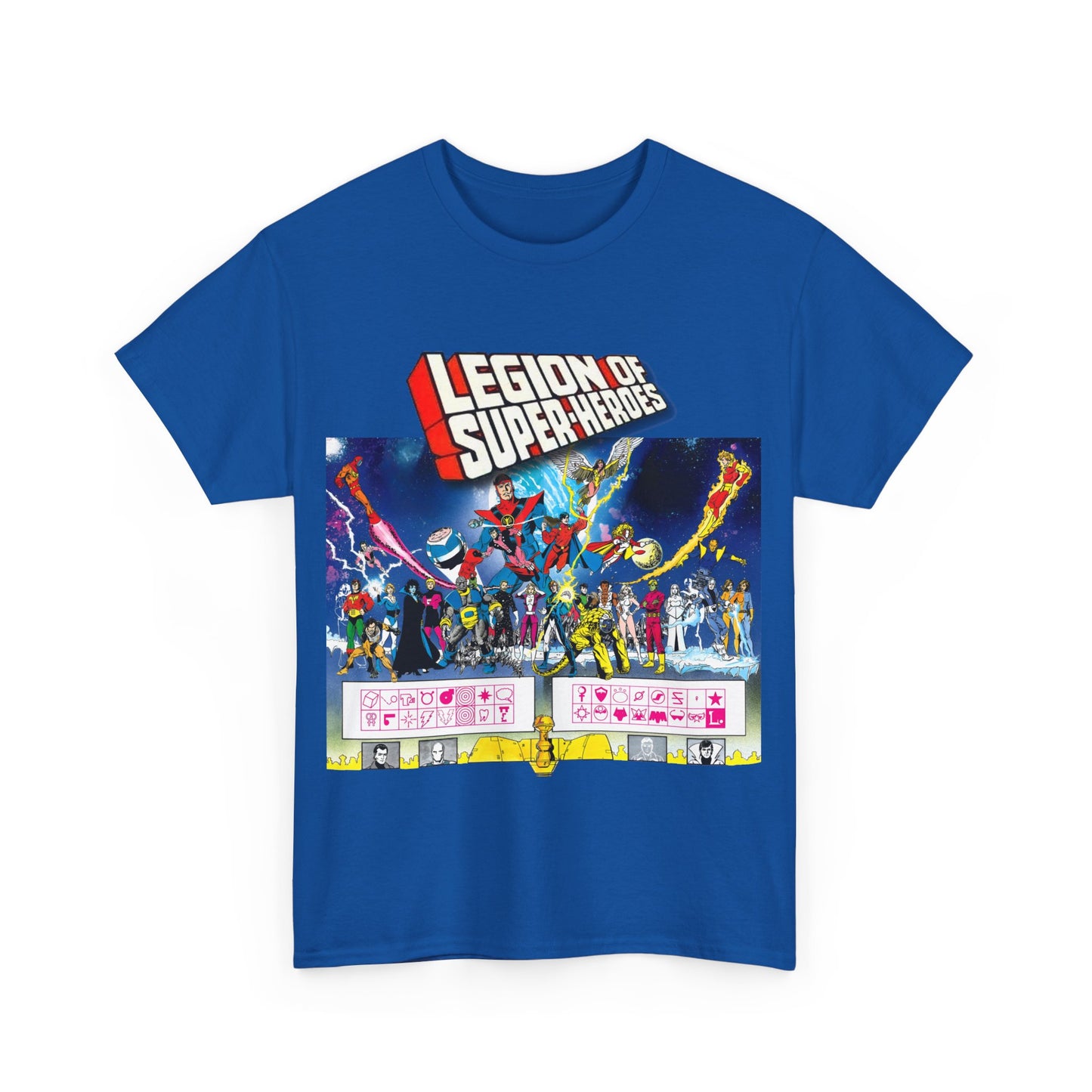 Legion of Super-Heroes T-Shirt - Gorgeous George Perez Art - History of the DC Universe - Lightning Lad, Timber Wolf, Wildfire, Sun Boy, Chamelon Boy - DC Comics