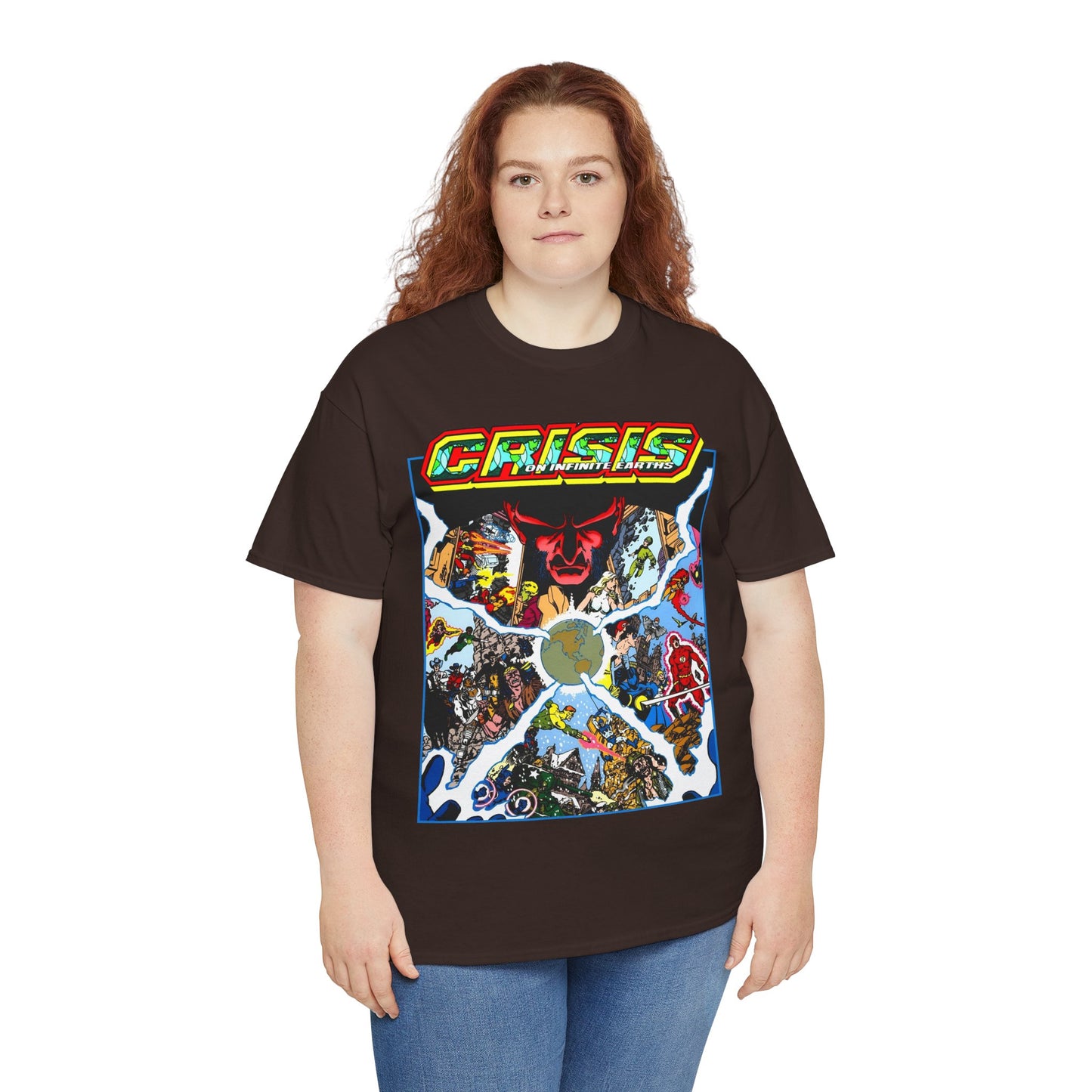 Crisis on Infinite Earths T-Shirt - George Perez Art - #3 Cover - Monitor, Flash, Starfire, Brainiac 5, Dream Girl - DC Comics