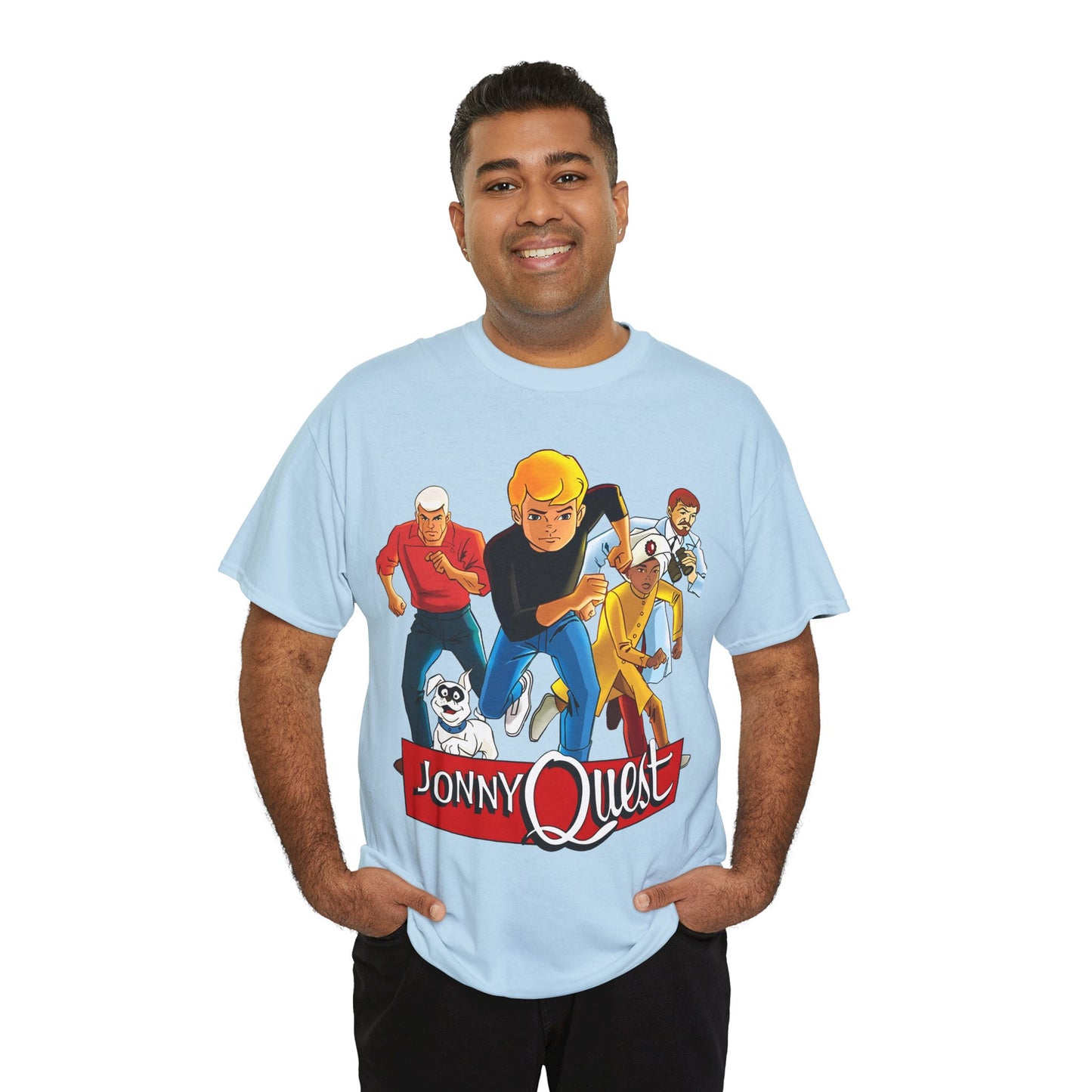 Jonny Quest T-Shirt - Popular Hanna-Barbera Cartoon Characters from the 1960s Adventure TV Show - Dr Benton, Hadji, Race Bannon, Bandit the Dog