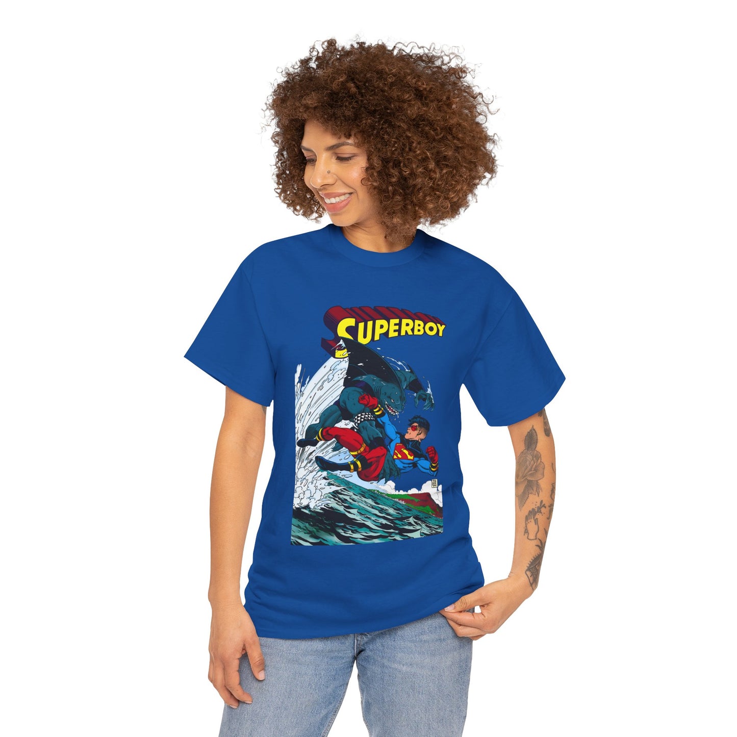 King Shark Vs Superboy T-Shirt - Tom Grummett Art - Connor Kent, Kon-L - Superman Family - DC Comics