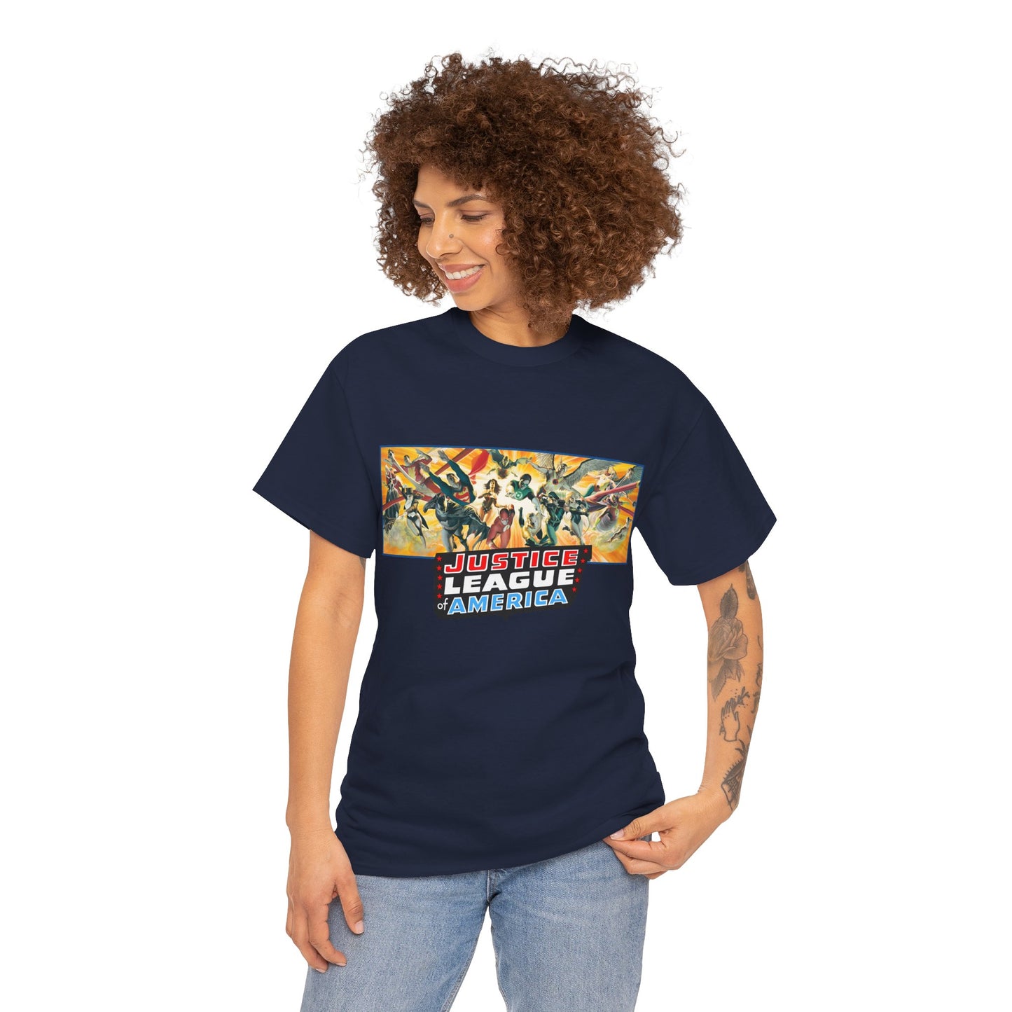 Justice League T-Shirt - Alex Ross Art - Superman, Batman, Wonder Woman, Black Canary, Hawkman, Green Lantern, Adam Strange, Plastic Man, Zatanna - DC Comics